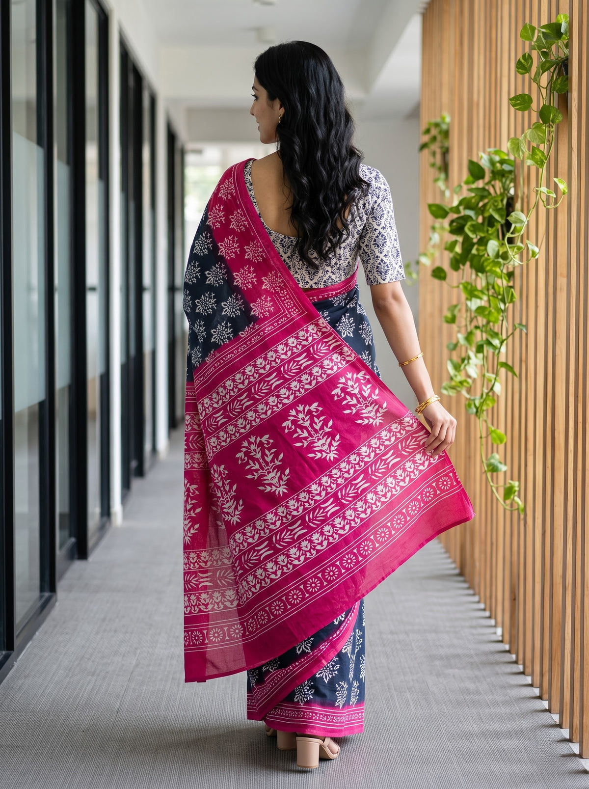 Cotton Charcoal Grey Saree with White Floral Butta Print and Pink Bhagalpuri Border