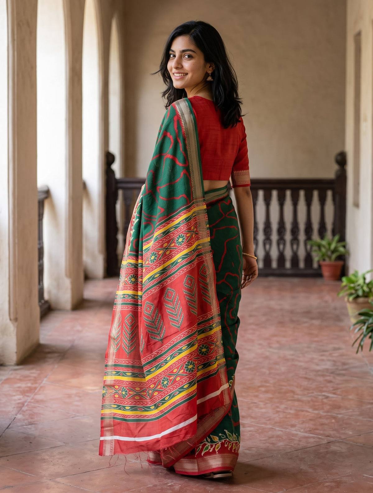 Polycotton Green Red Ikat Motif Pallu Saree with Contrast Border and Zari Edge