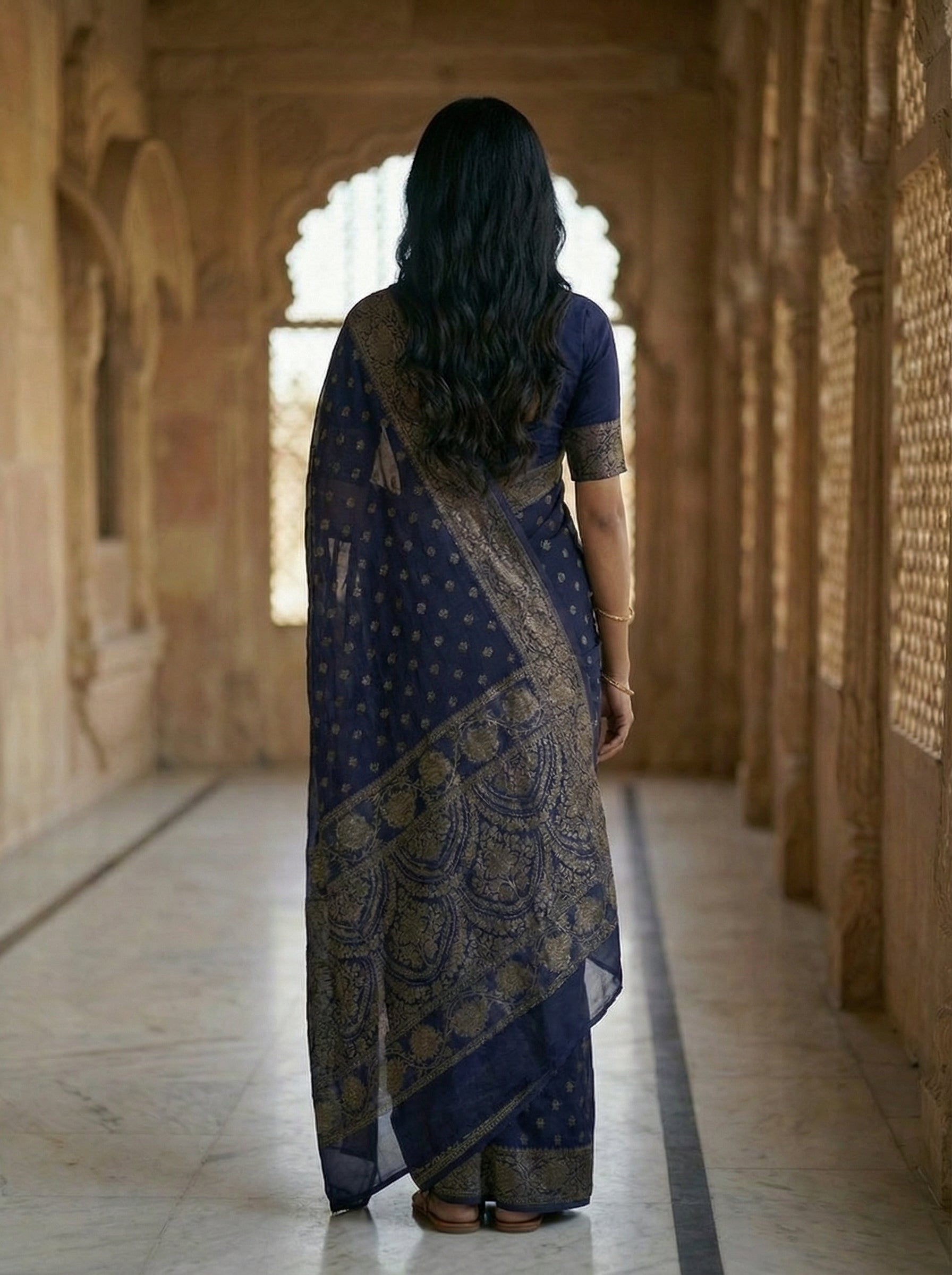 Georgette Banarasi Navy Blue Saree with Elegant Gold Zari Butta and Rich Border