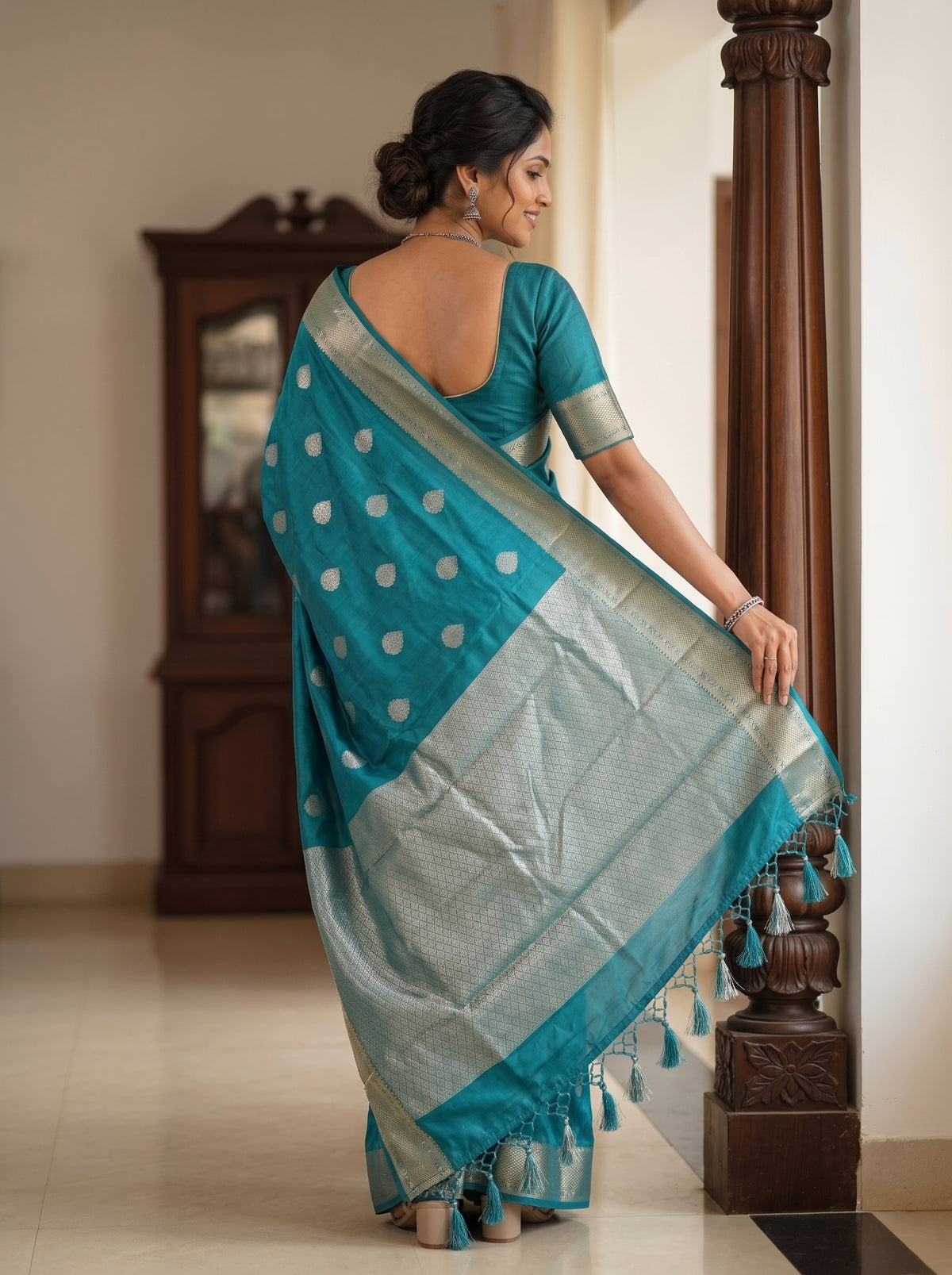 Semi Silk Teal Green Golden Zari Jaal Pallu Saree with Butta Body