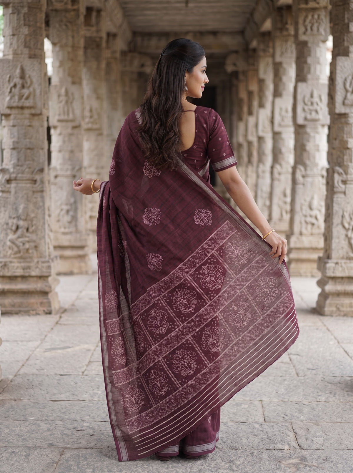 Semi Tussar Maroon Saree with Traditional Tulip Floral Block Pallu and Zari Edge