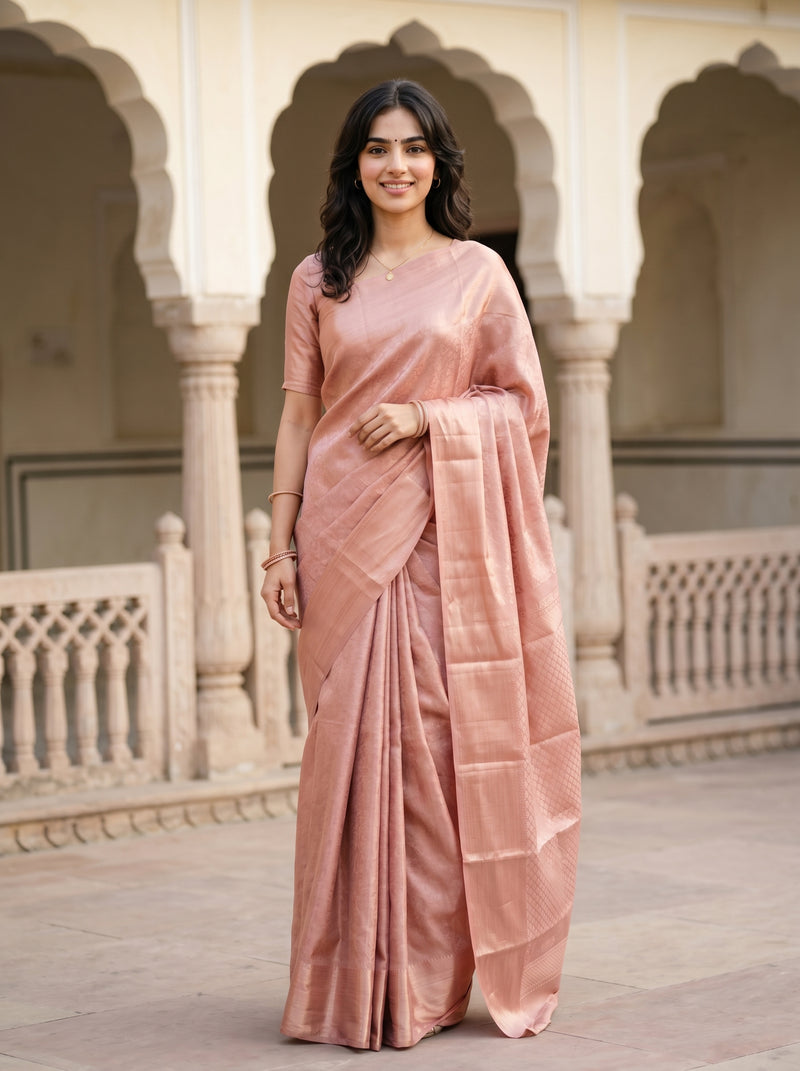 Woman in a pink saree standing in front of an architectural background