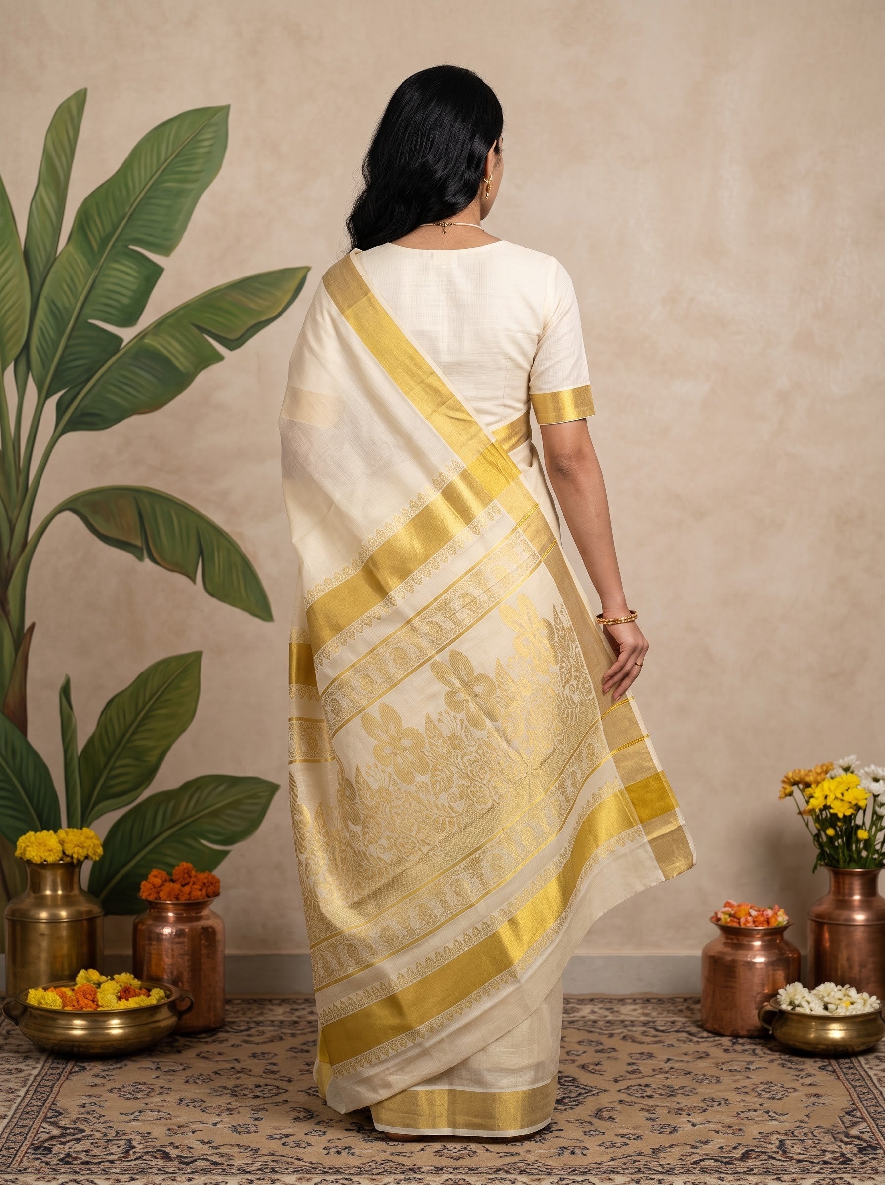 Cotton Cream Golden Floral Weave Pallu with Zari Border Onam Special Kerala Saree