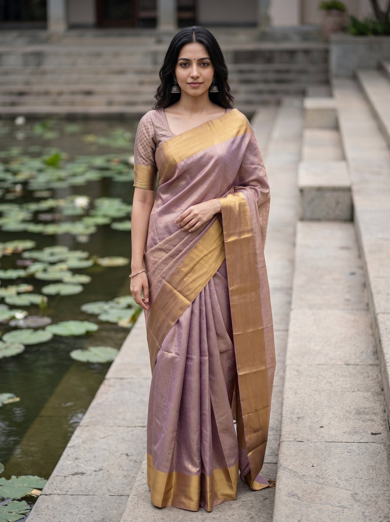 A woman wearing a lavender and gold silk saree stands on stone steps next to a pond with lily pads. The saree has a lavender body with a gold border and pallu, paired with a matching lavender blouse with gold trim.