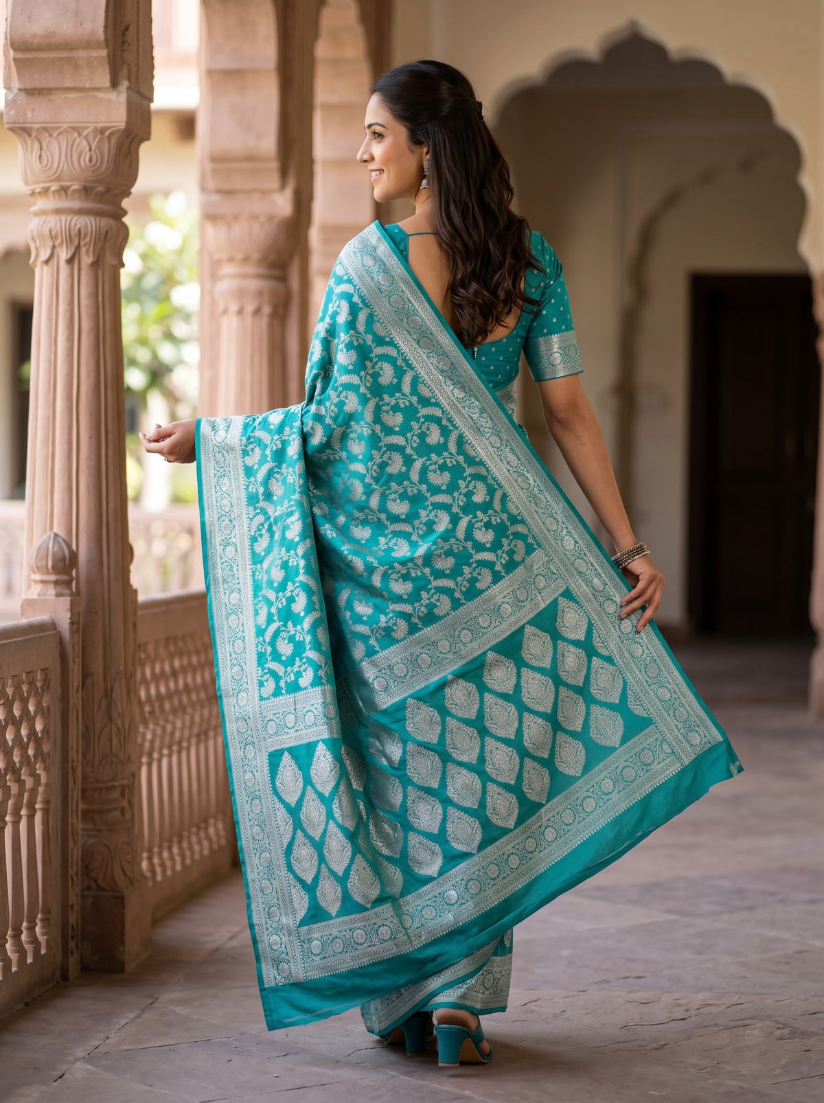 Banarasi Silk Teal and Zari Floral Diamond Jaal Saree