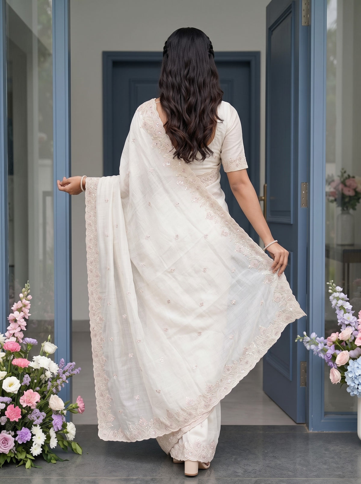 Organza Off White Blush Pink Floral Butta Sequin Embroidered Border Saree