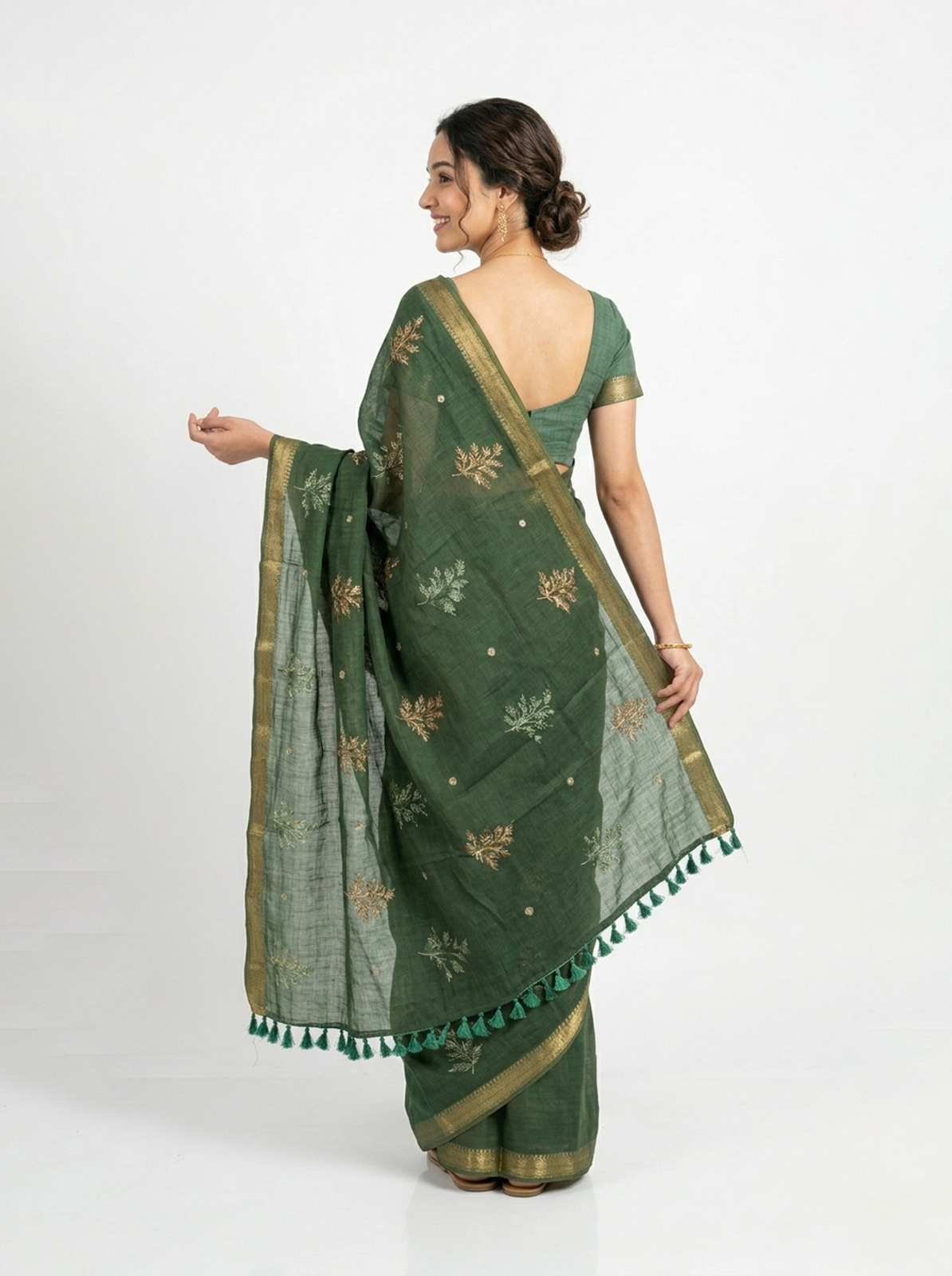 Chanderi Silk Bottle Green Embroidered Zari Border Saree