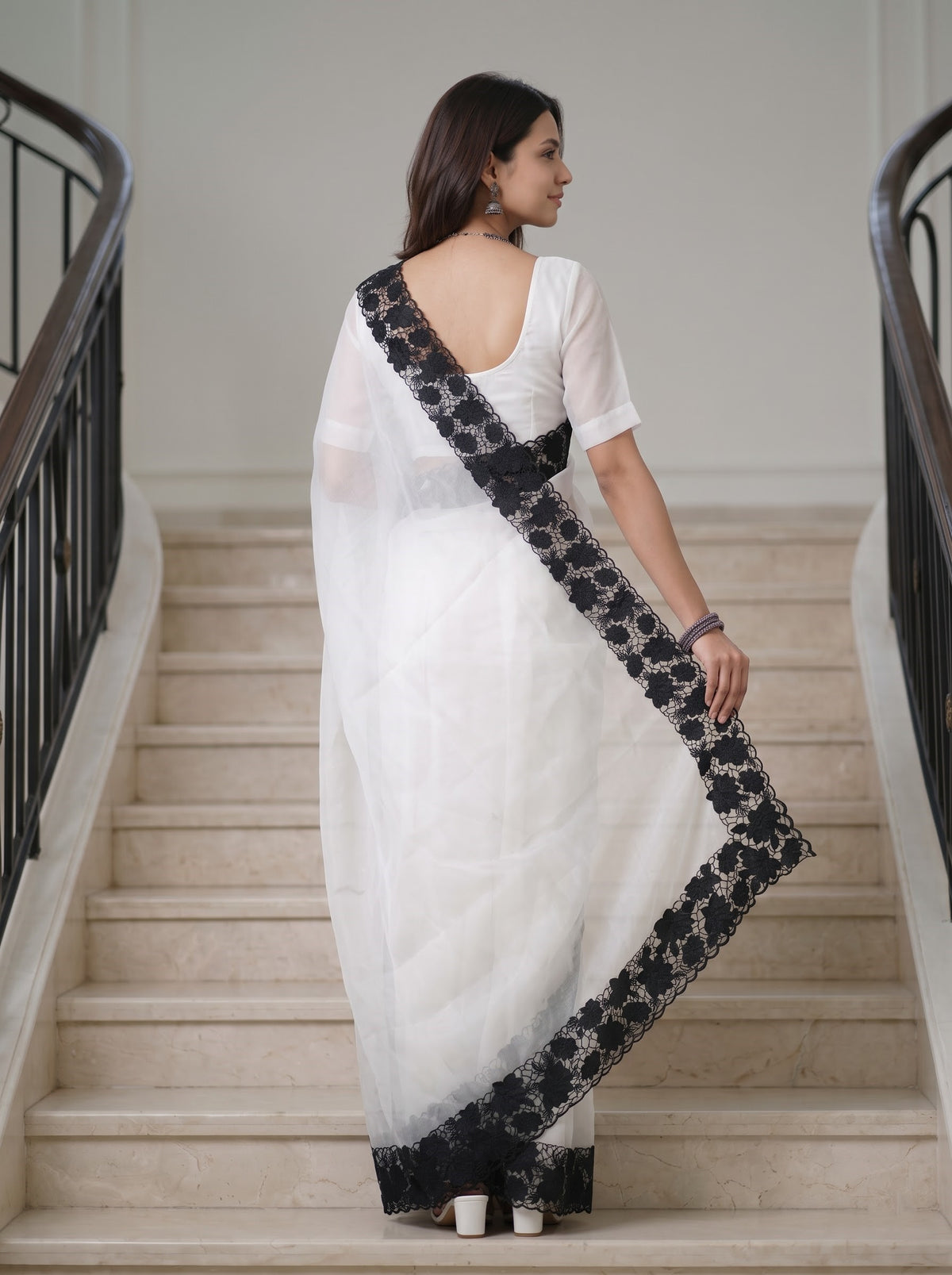 Organza White Black Lace Applique Floral Scalloped Border