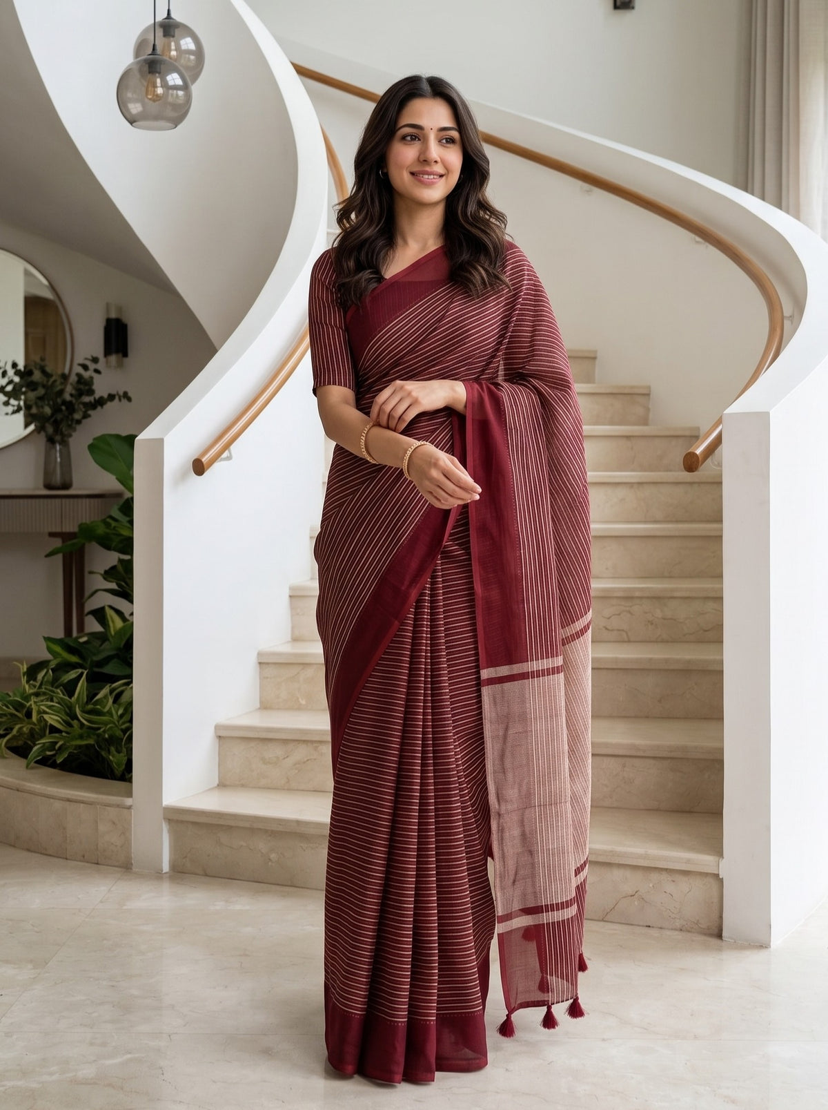 Organza Maroon Saree with Fine Pinstripe Weave