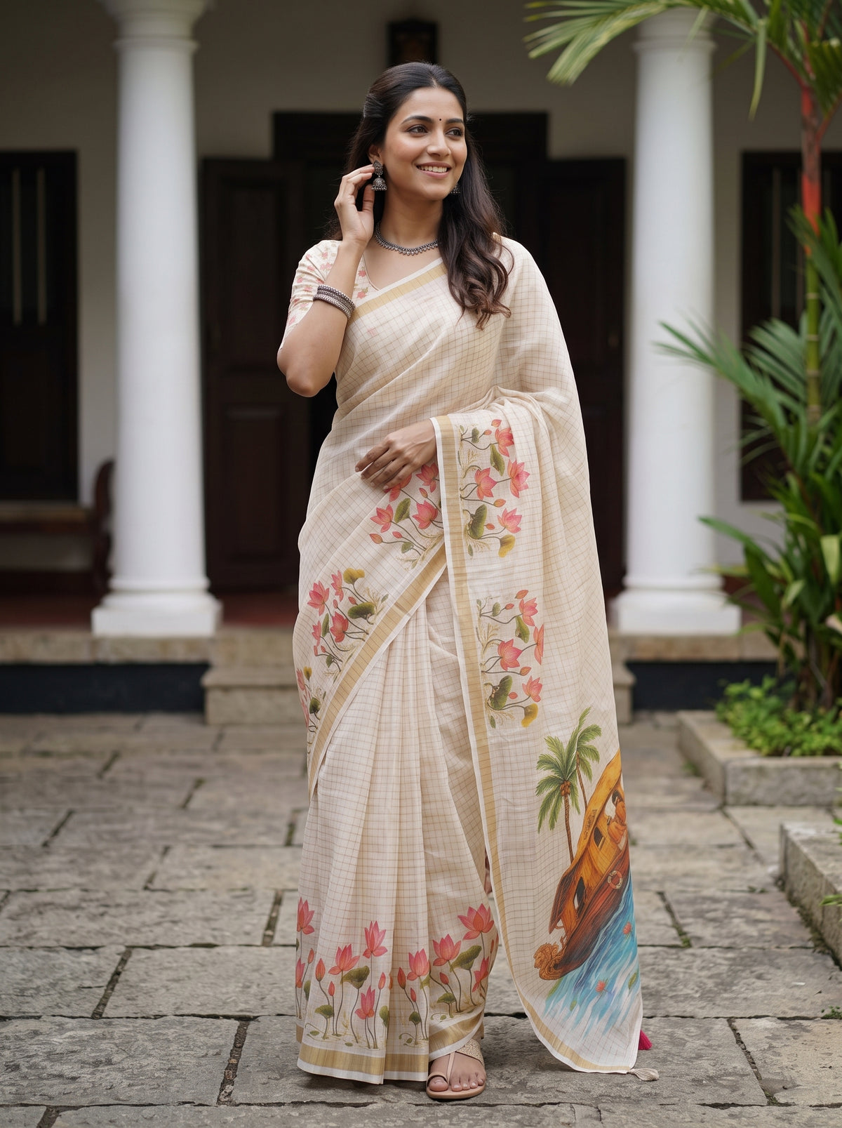 A woman wearing a beige checkered saree with pink floral prints and a boat motif on the pallu, standing in a courtyard with white pillars.