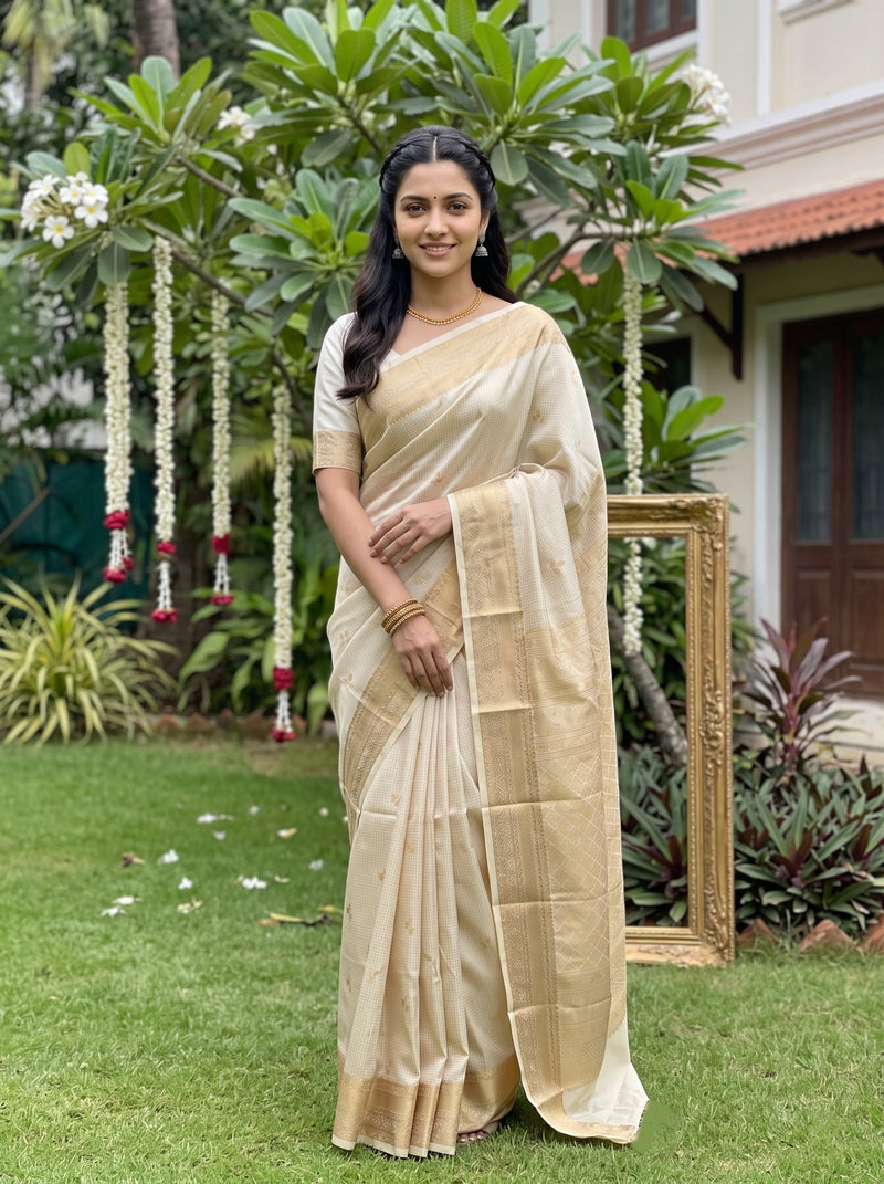 A woman stands outdoors in a lush garden wearing a light beige silk saree with a matching short-sleeve blouse. The saree has a subtle sheen and a wide border, and the background features green grass, hanging white flower garlands, and a house.