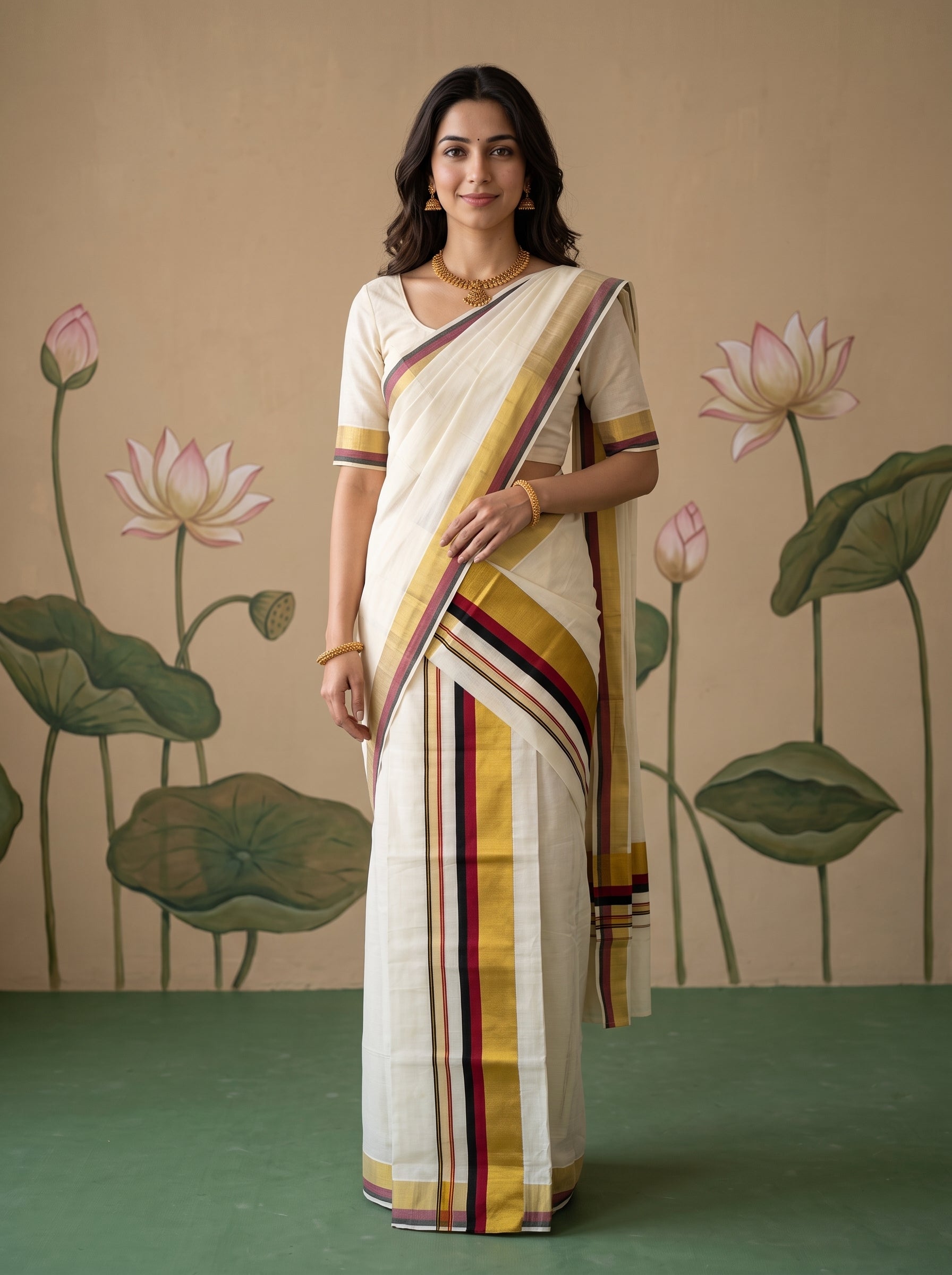 A woman modeling a cream-colored cotton saree with yellow, maroon, and gold stripes, standing in front of a beige wall decorated with lotus motifs.