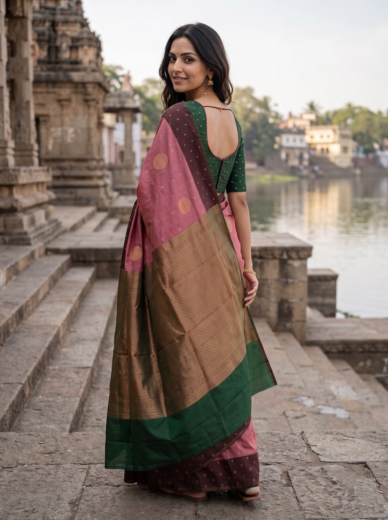 A woman wearing a traditional Indian saree stands on stone steps by a river, photographed from the back. The saree has a pink and brown body with a green border and a green blouse.