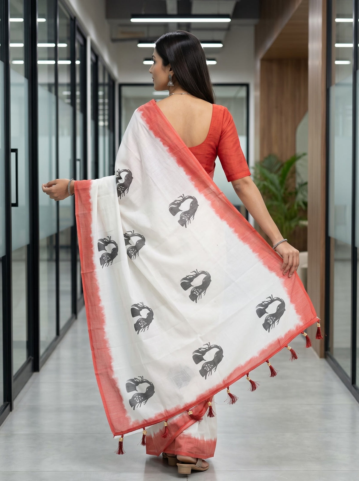 Cotton White Face Print Saree with Red Border and Tassels
