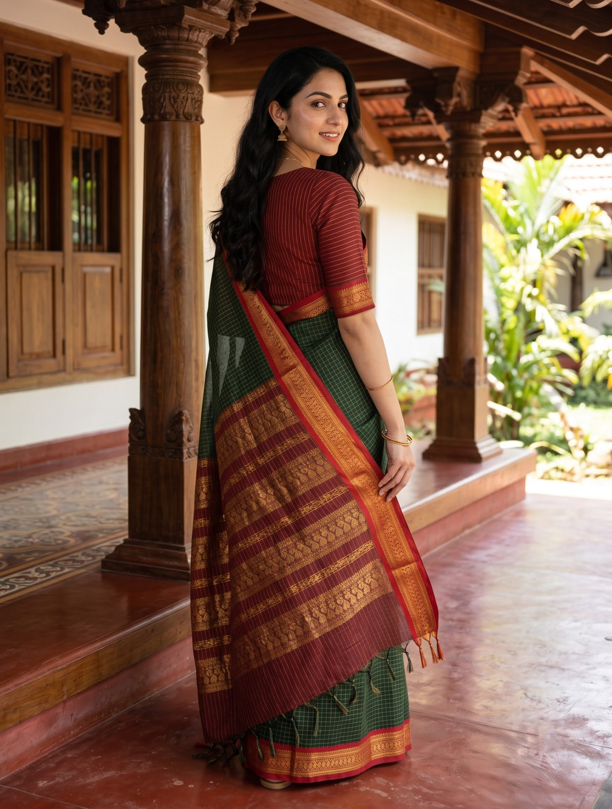 Kalyani Cotton Bottle Green Golden Zari Checks Red Pallu Woven Peacock Motif Border Saree