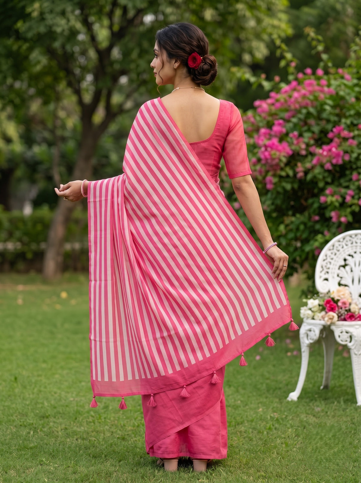 Mul Chanderi Pink and White Striped Saree