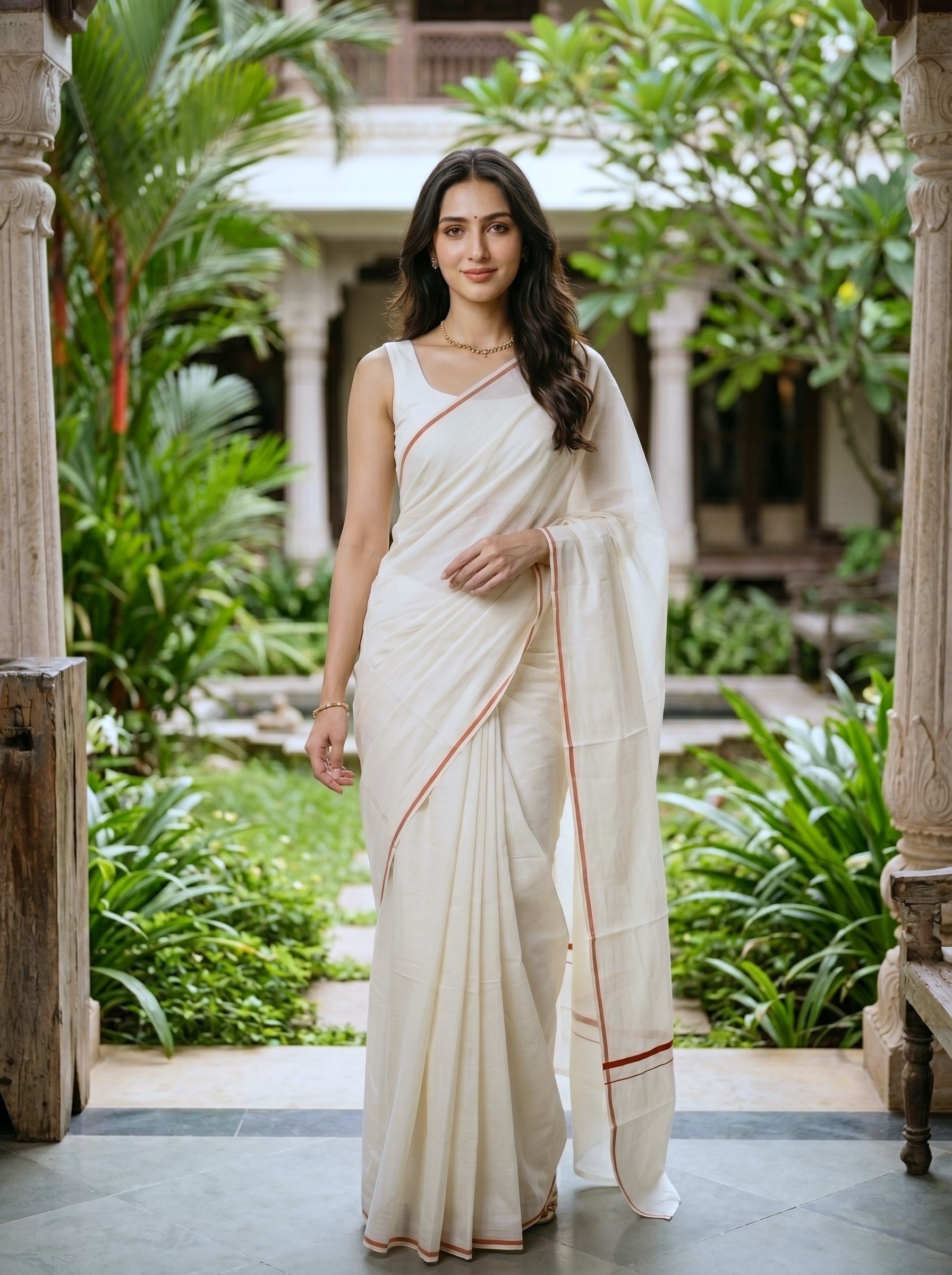 Woman in a white saree standing in a garden setting