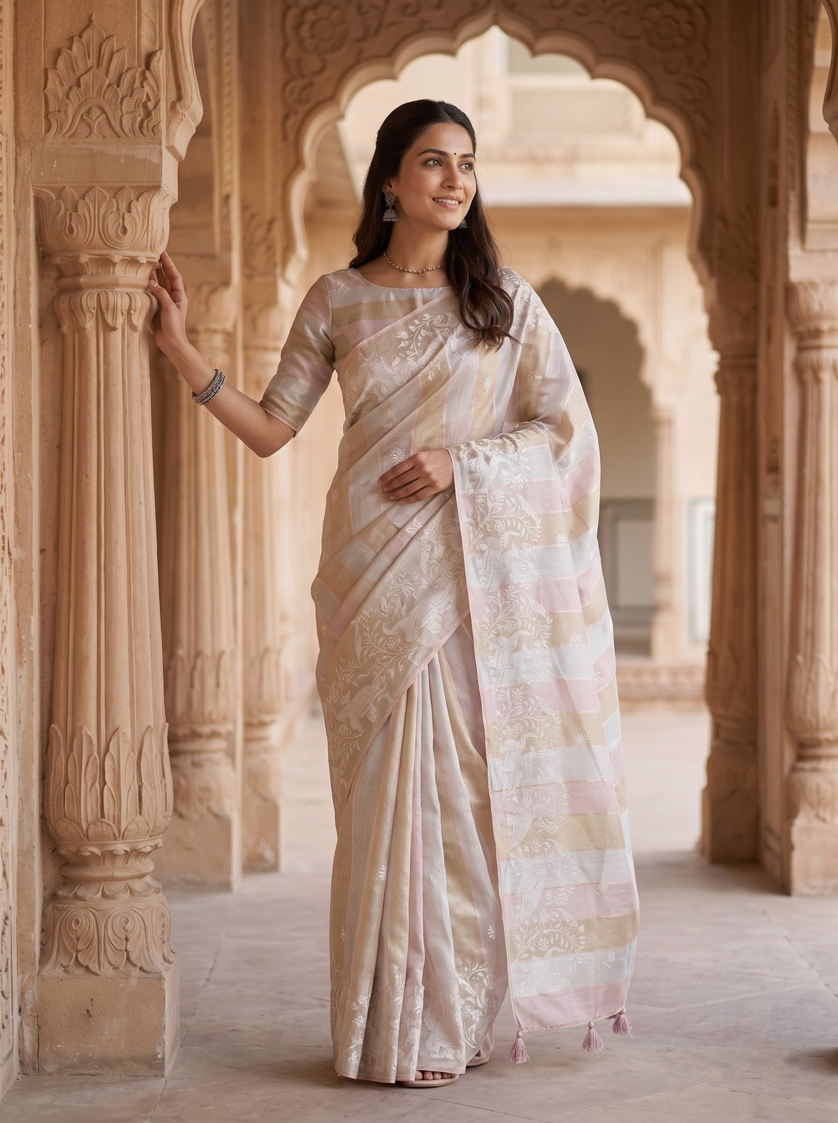 Tissue Silk Pastel Striped Saree with Elephant Floral Embroidery