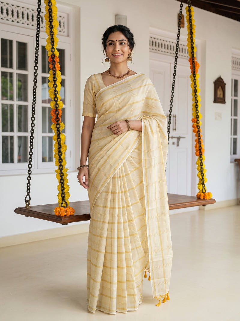 A woman wearing a light cream-colored cotton saree with a subtle yellow stripe pattern and a matching short-sleeve blouse, standing in a traditional indoor setting with a hanging swing decorated with marigold garlands.