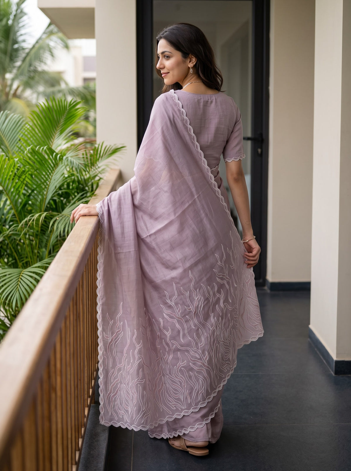 Chanderi Dusty Lavender Abstract Flame Motif Saree