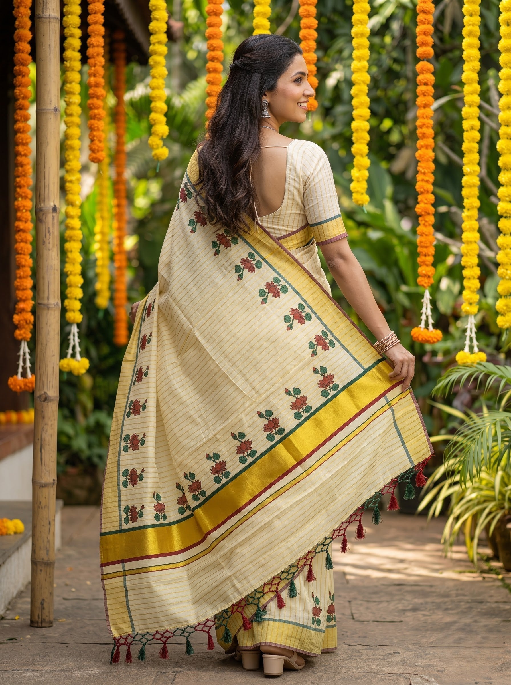 A woman wearing a cream-colored saree with red and green floral embroidery and a yellow border, standing in a garden decorated with hanging orange and yellow marigold garlands.