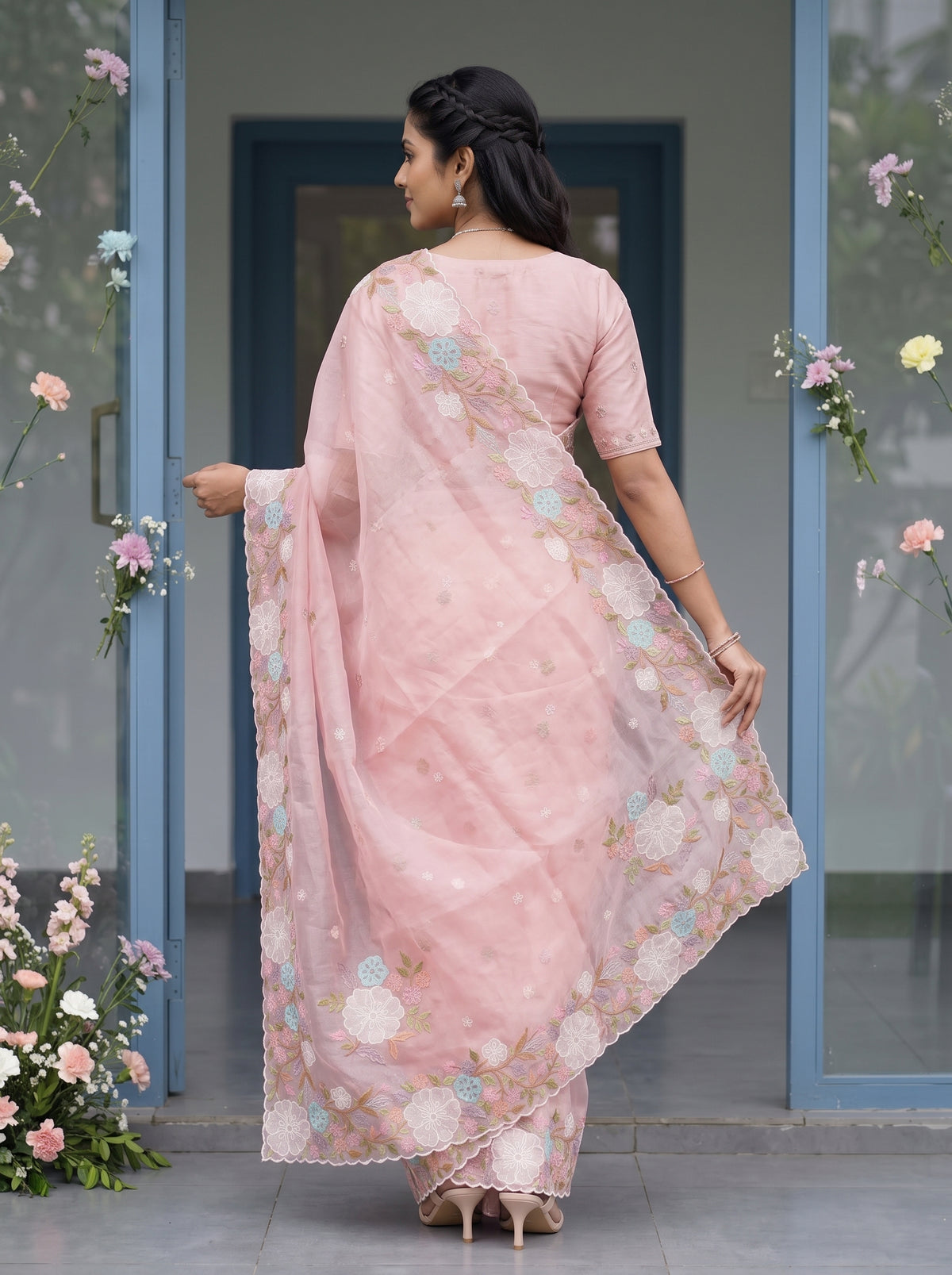 Organza Baby Pink Multicolor Floral Cutwork Applique Embroidered Border Saree