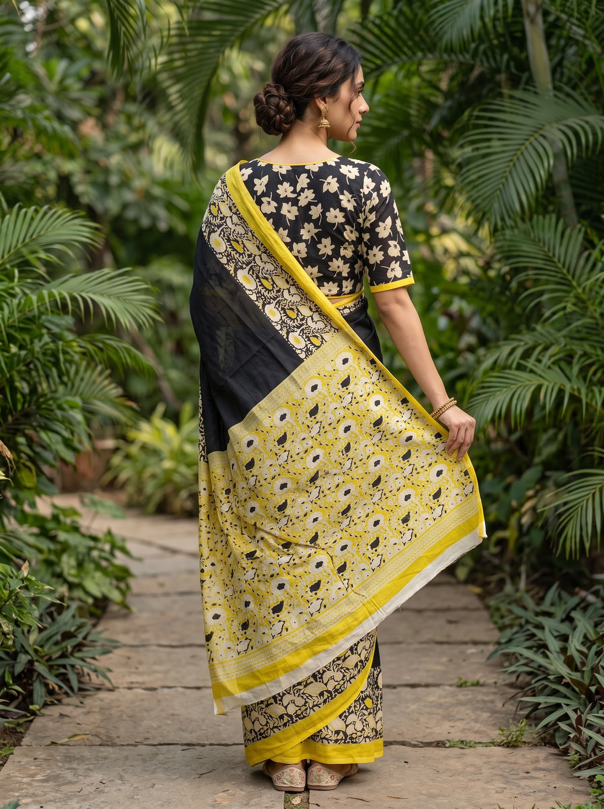 Cotton Black Saree with Yellow Floral Jaal Printed Pallu and Cream Flower Border