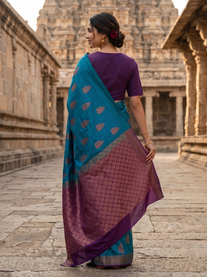 A woman wearing a purple and teal saree with gold zari patterns, standing in a stone corridor with ancient temple ruins in the background.