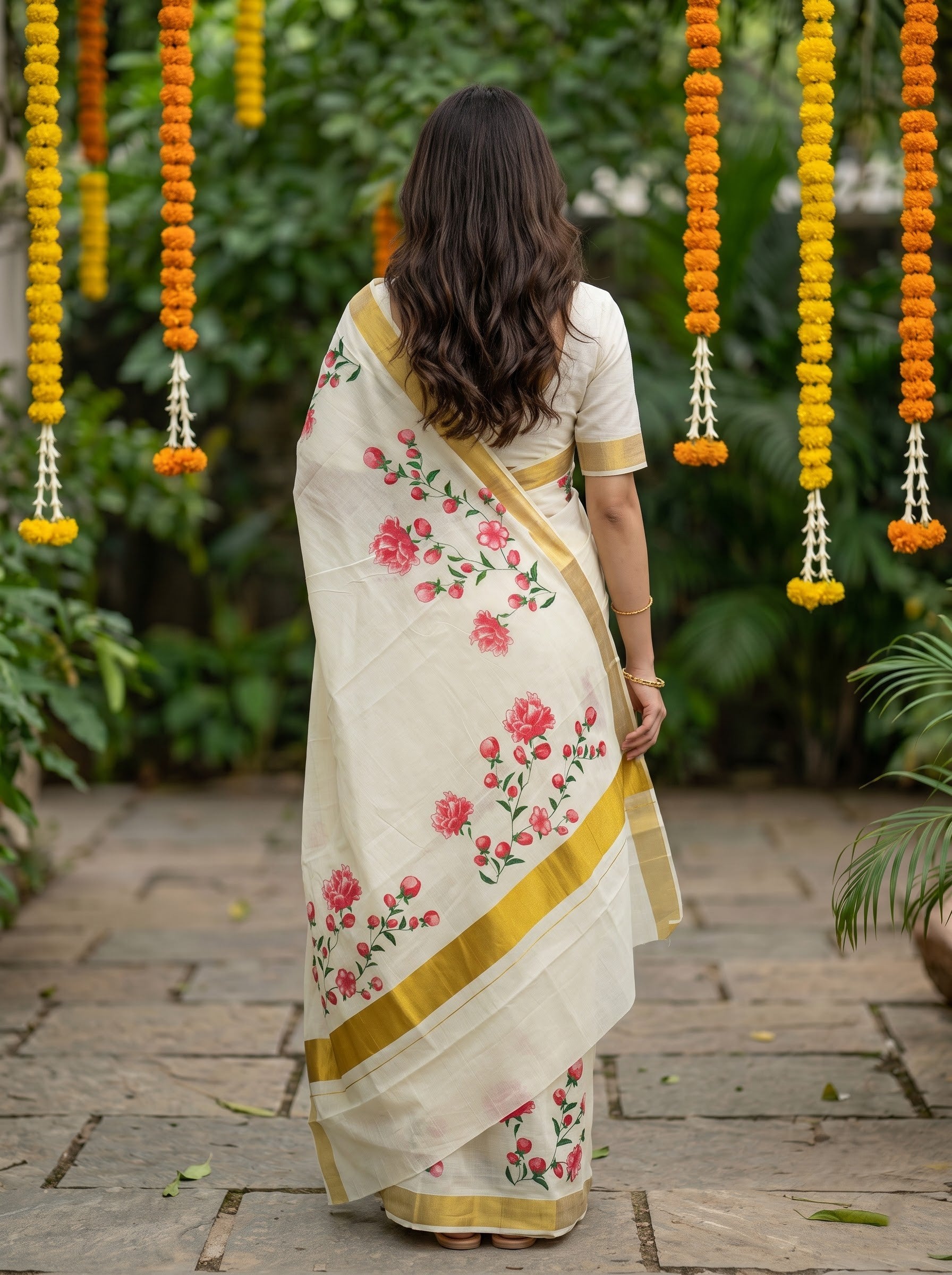 Cotton Cream Golden Border with Pink Rose Vine Print Onam Special Kerala Saree