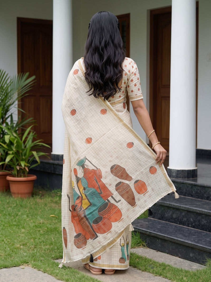 A woman viewed from behind wearing a cream-colored saree with orange and teal printed motifs, standing on stone steps in front of a house with white pillars.