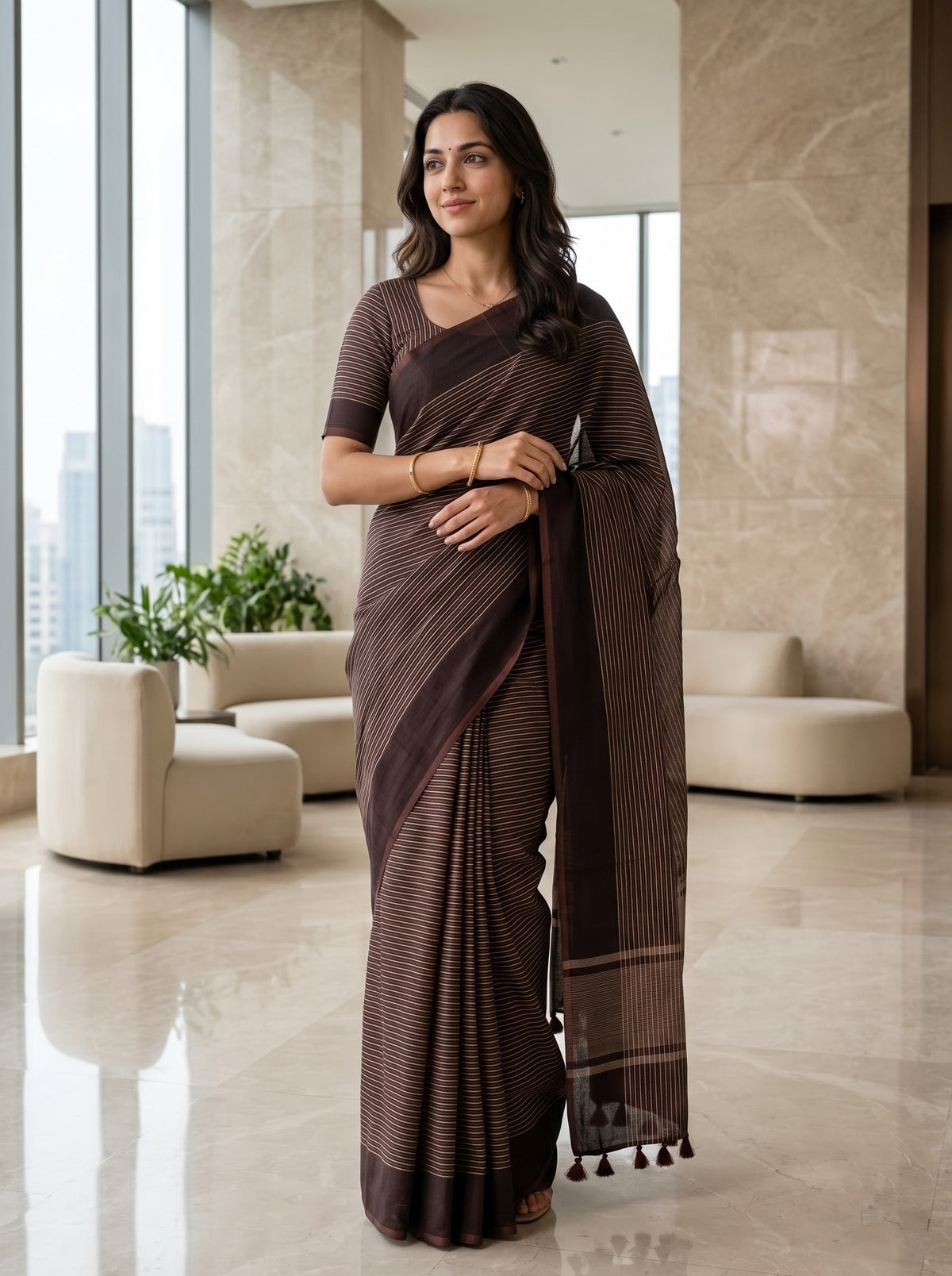 Organza Coffee Bean Color Saree with Striped Panel Design and Tassels