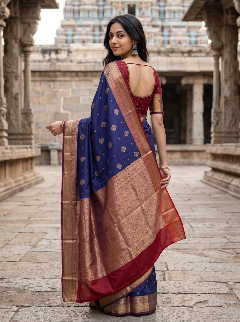 A woman wearing a royal blue and maroon silk saree with gold zari work, standing in a stone corridor with a temple structure in the background.