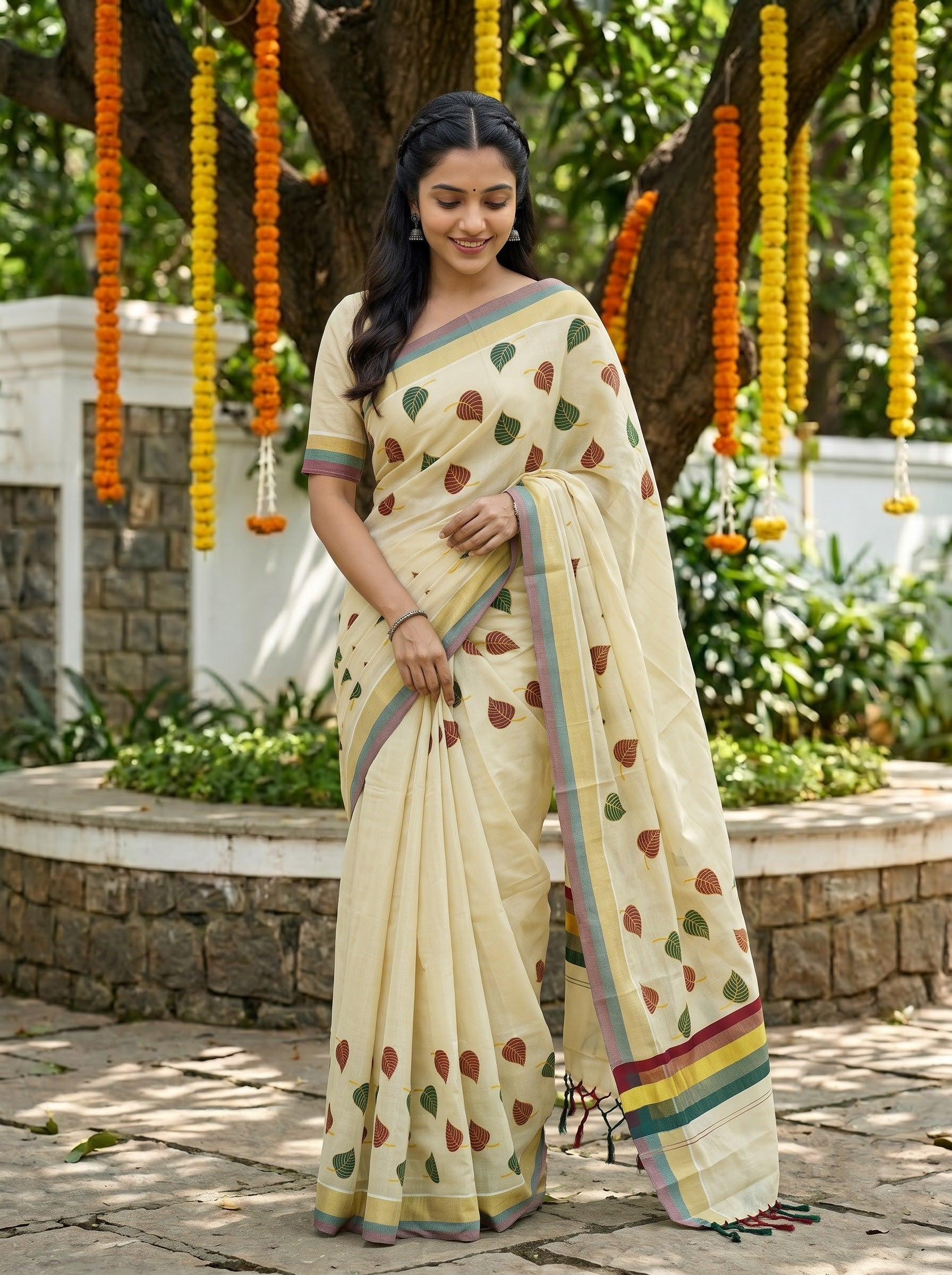 Tissue Cream Multicolor Leaf Print Onam Special Kerala Saree