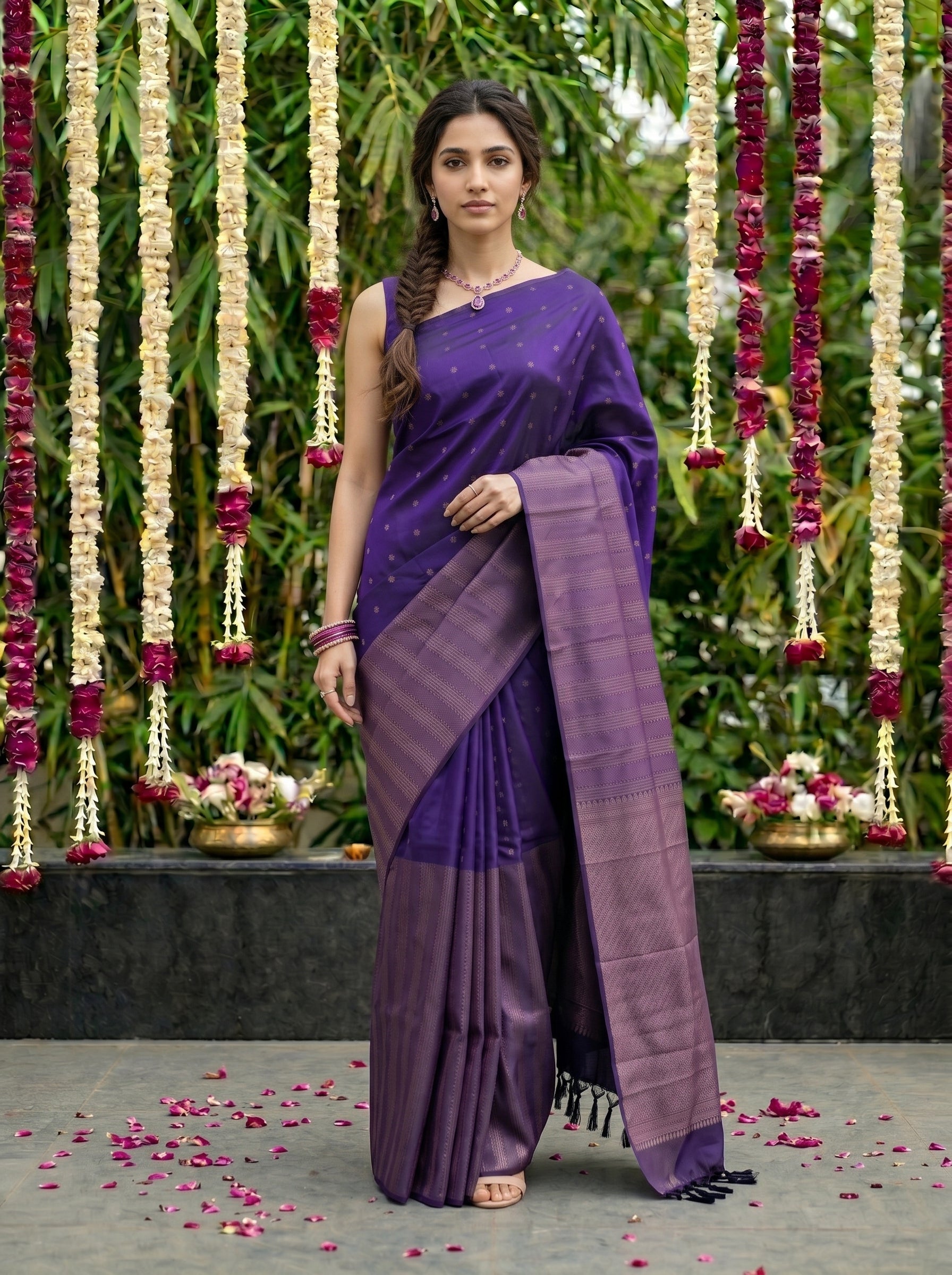 Woman in a purple saree standing in front of floral decorations