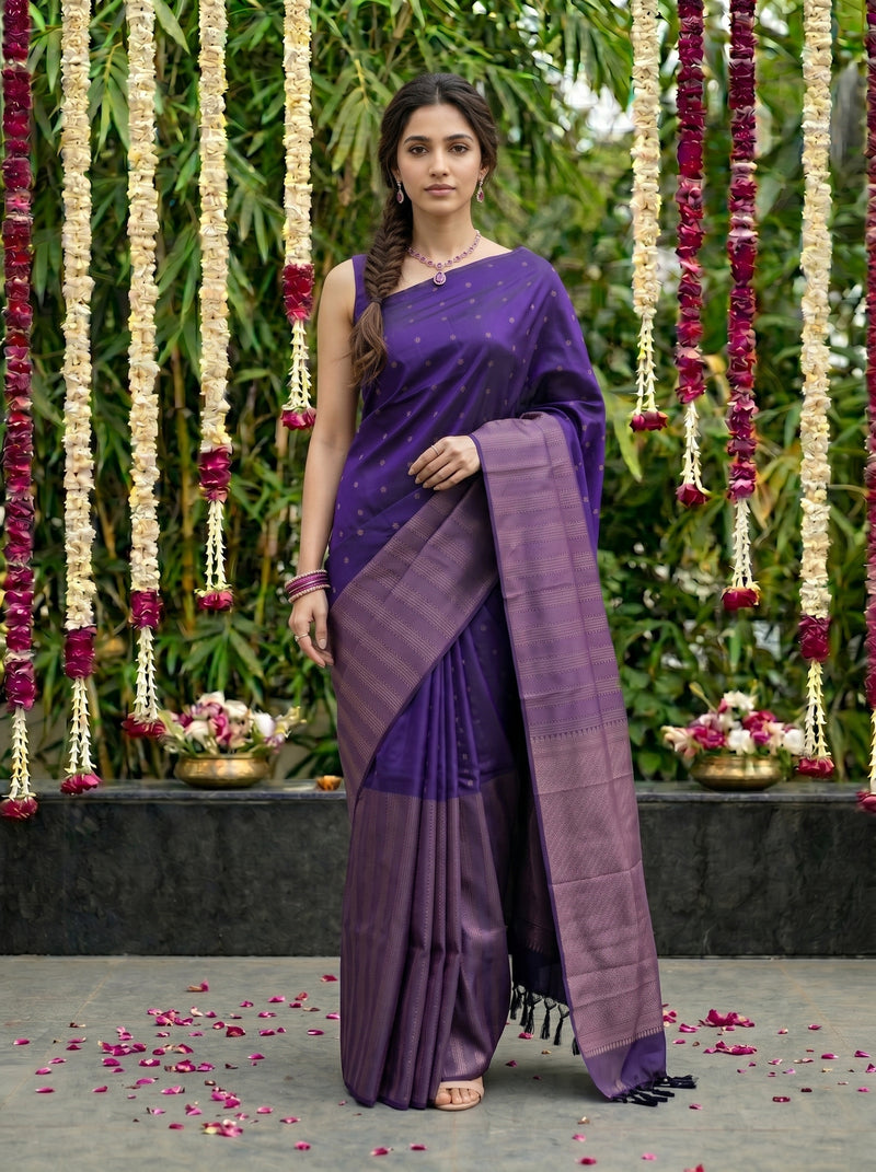 Woman in a purple saree standing in front of floral decorations