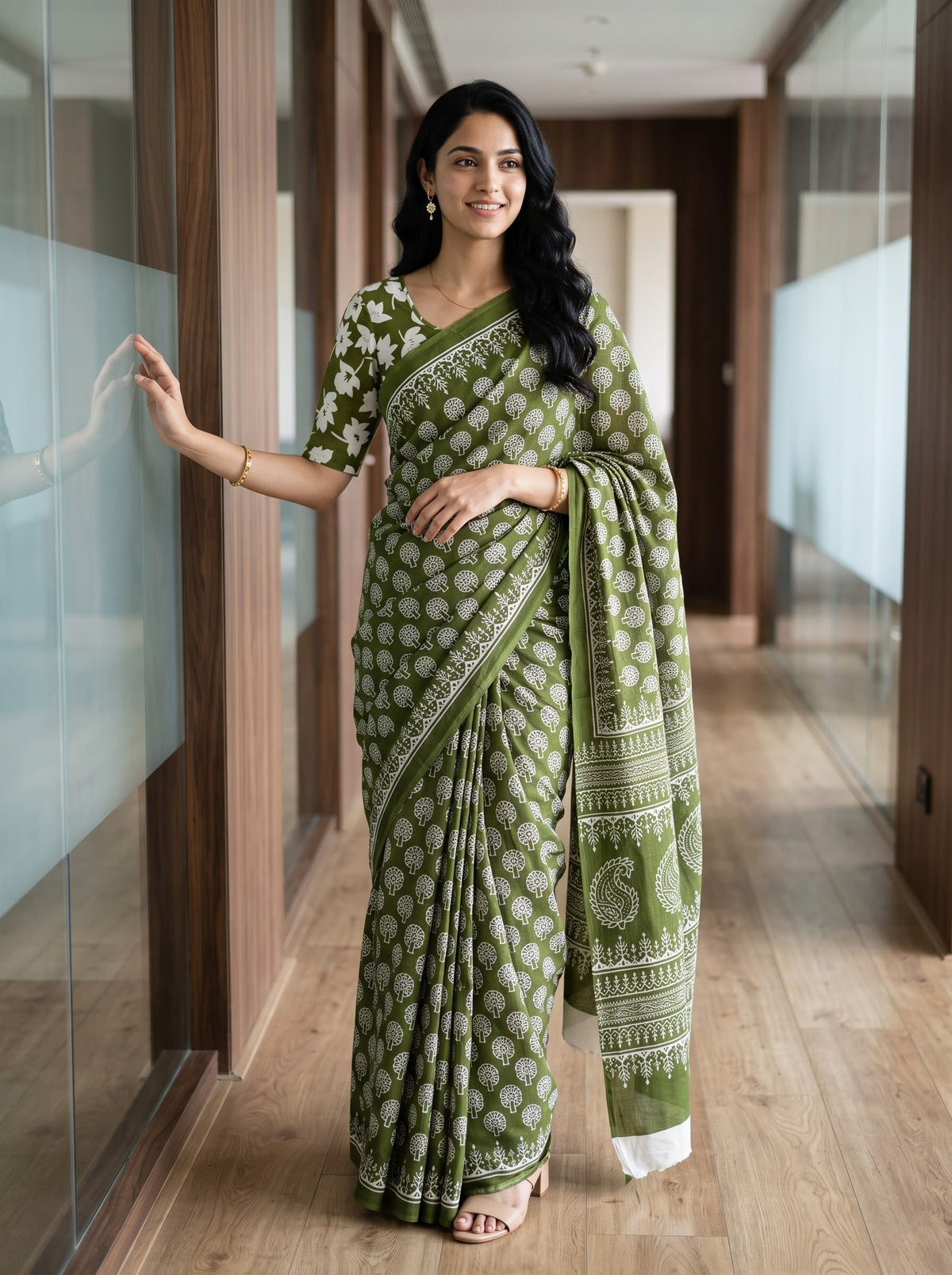 Cotton Olive Green Saree with White Paisley Motif Printed Pallu and Floral Butta Body