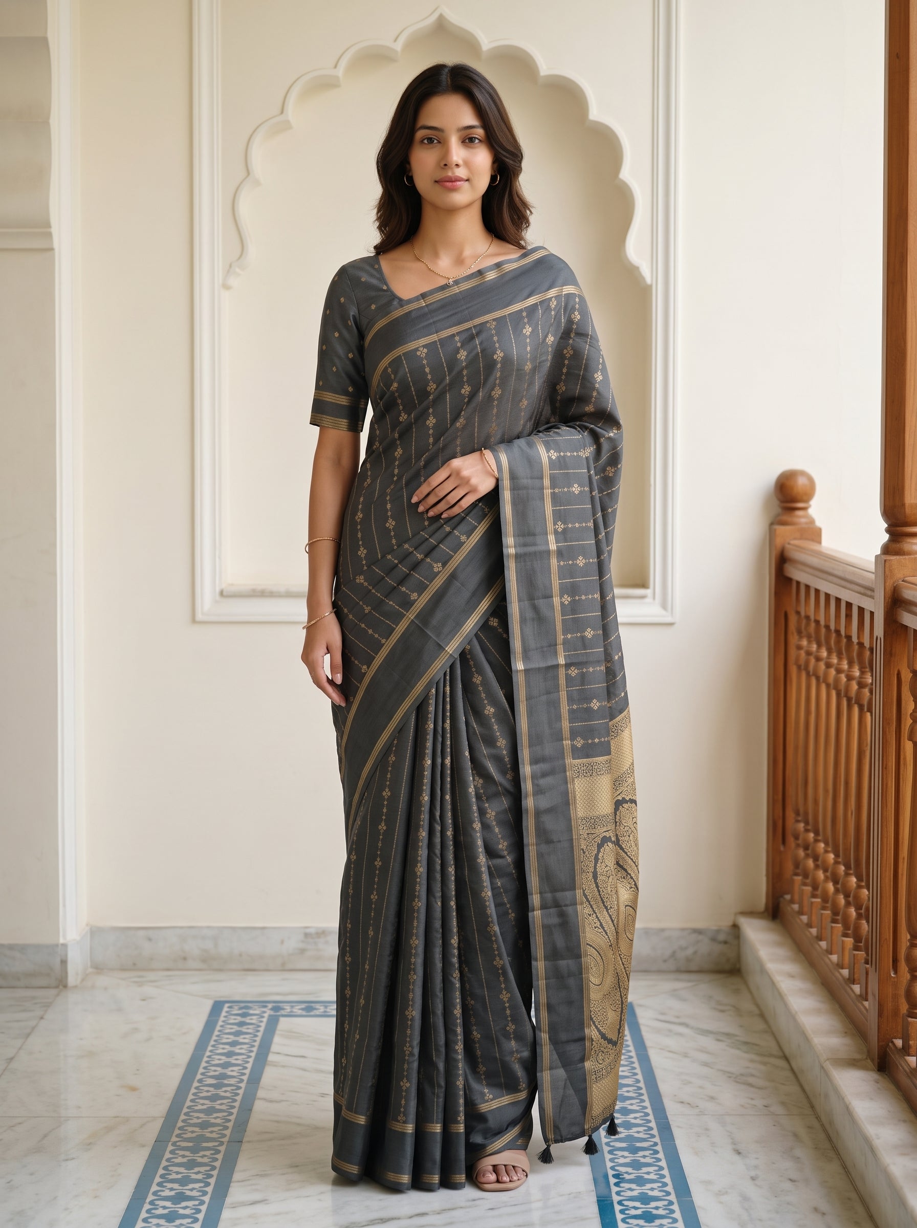 A woman modeling a dark gray and gold patterned silk saree with a matching short-sleeve blouse, standing in an elegant indoor setting with cream walls and a wooden railing.