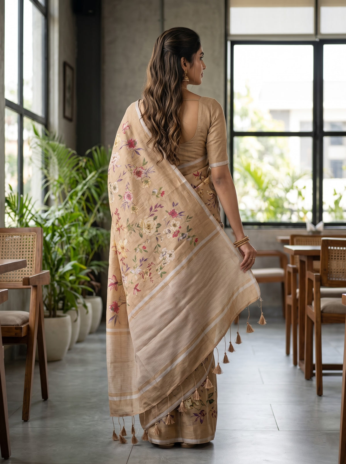 Pure Linen Beige Multicolor Watercolor Floral Print Saree