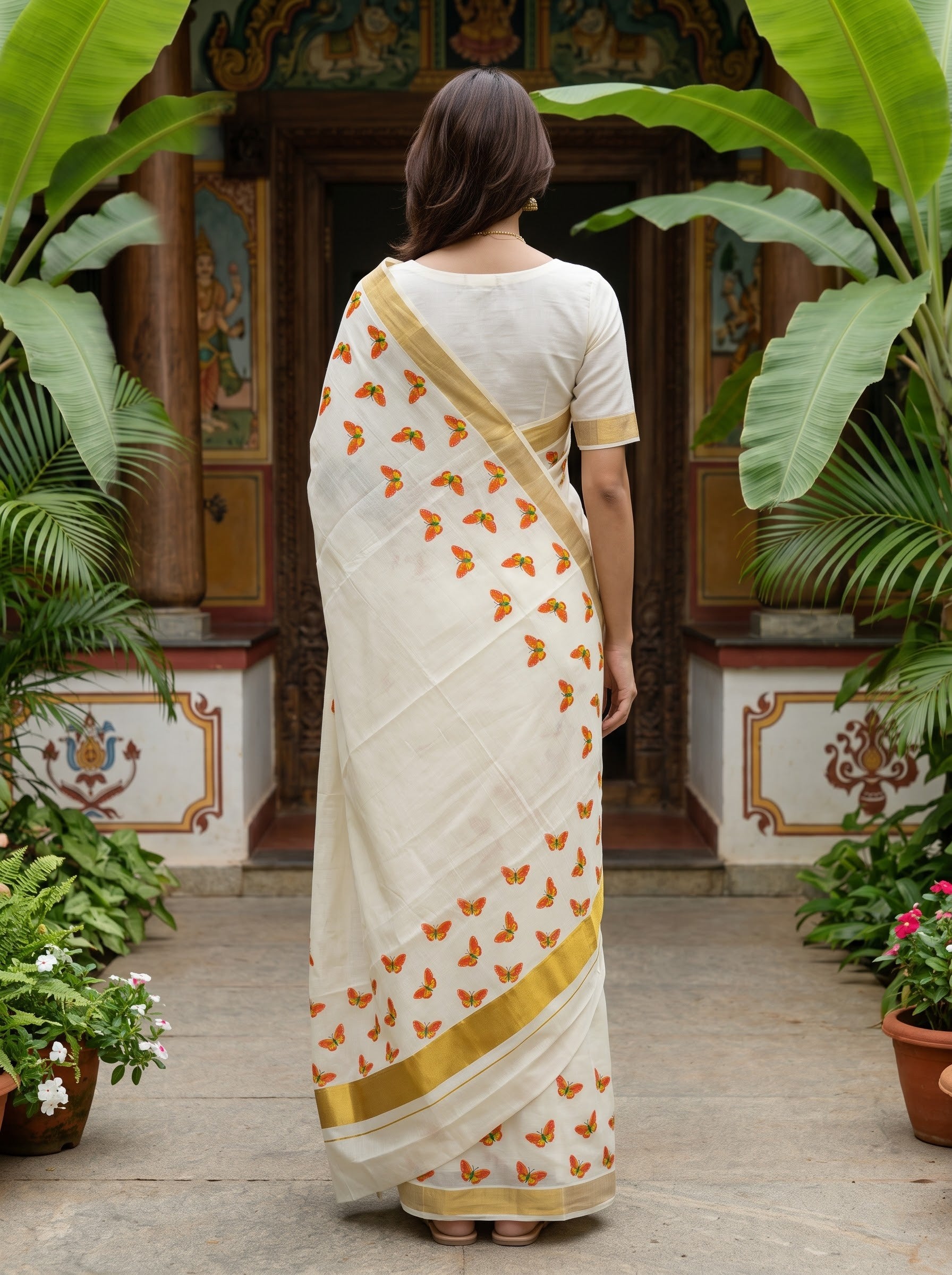 Cotton Cream Monarch Butterfly Print with Golden Zari Border Onam Festive Kerala Saree