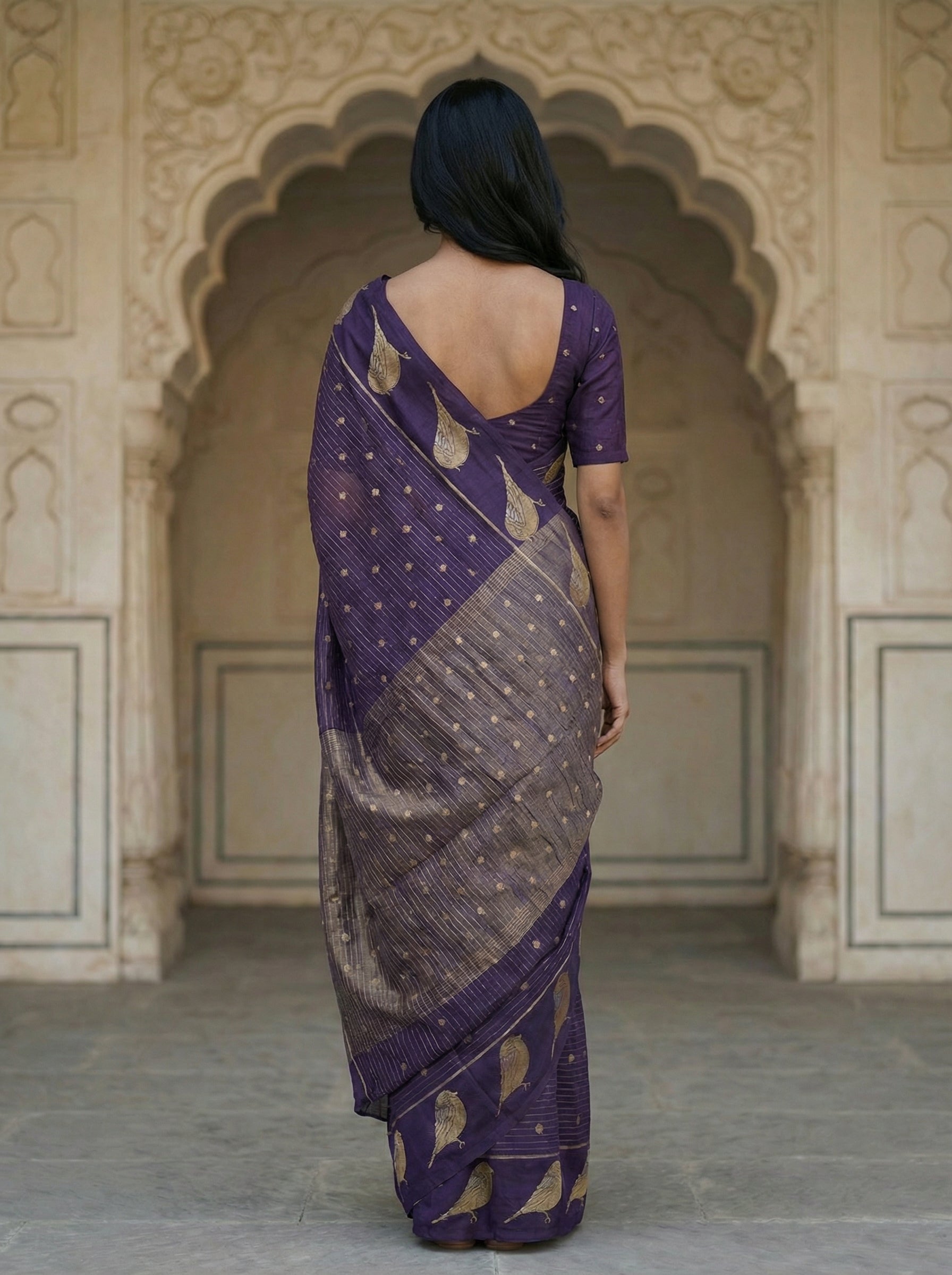 Georgette Banarasi  Deep Purple Golden Bird Motif Saree