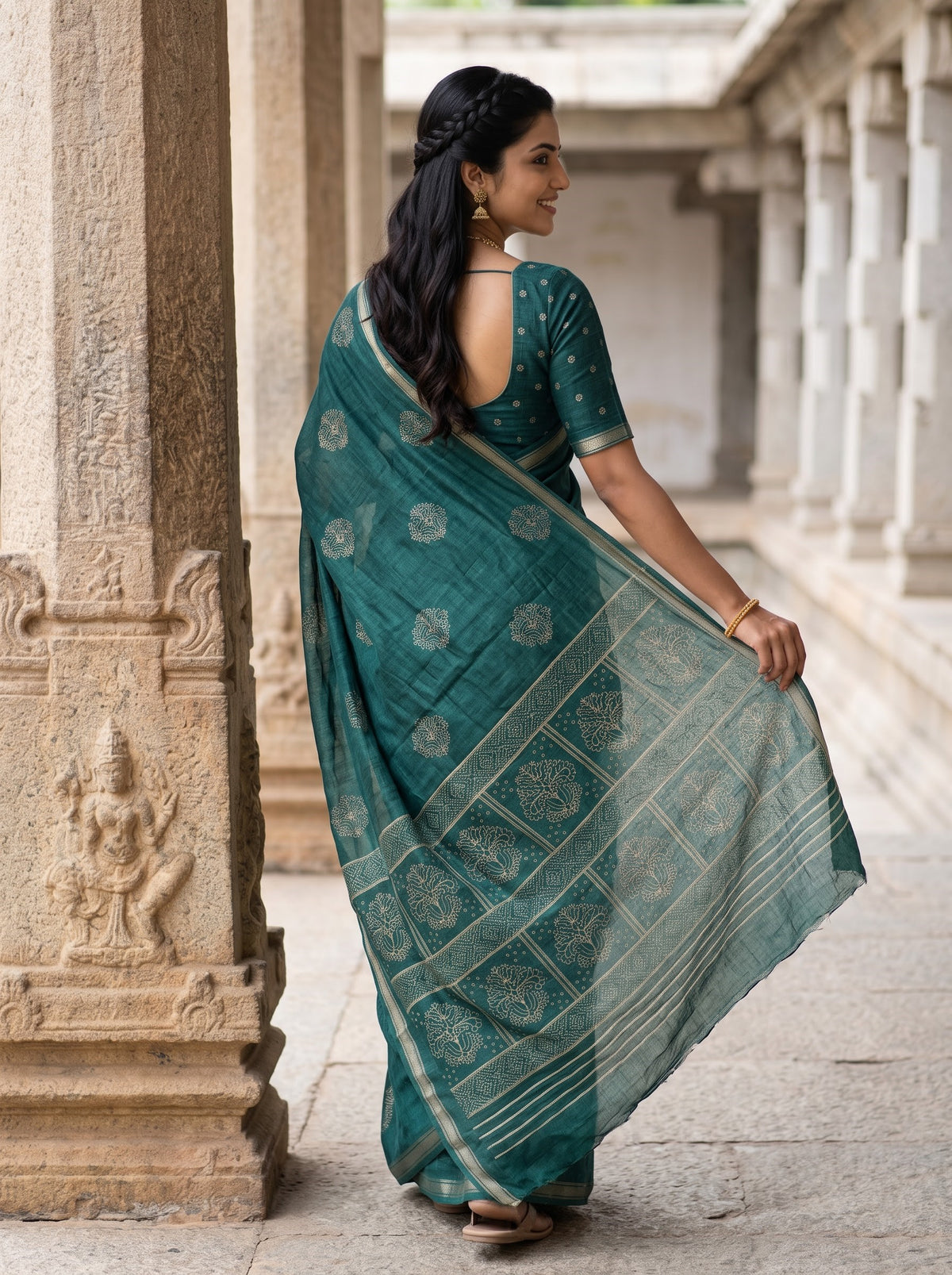 Semi Tussar Teal Green Saree with Traditional Tulip Floral Block Pallu and Zari Edge