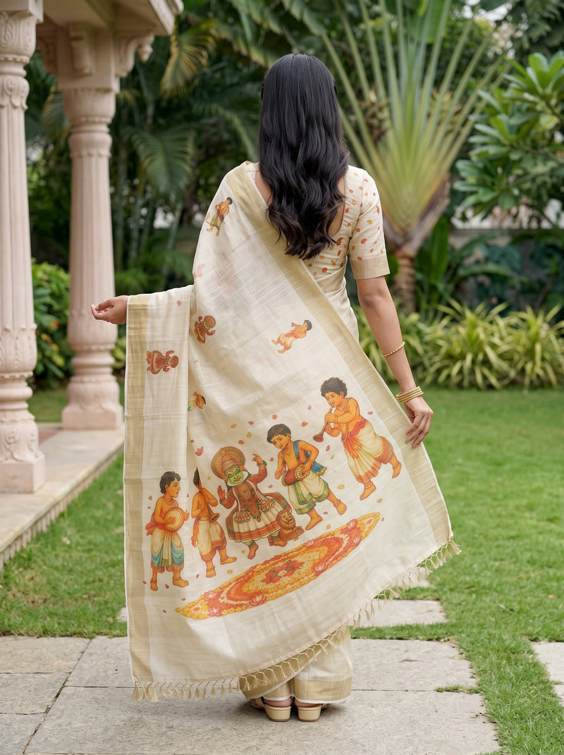A woman viewed from behind wearing a cream-colored saree with a colorful printed design of children and a yellow-orange border, standing in a garden with stone pillars and green grass.