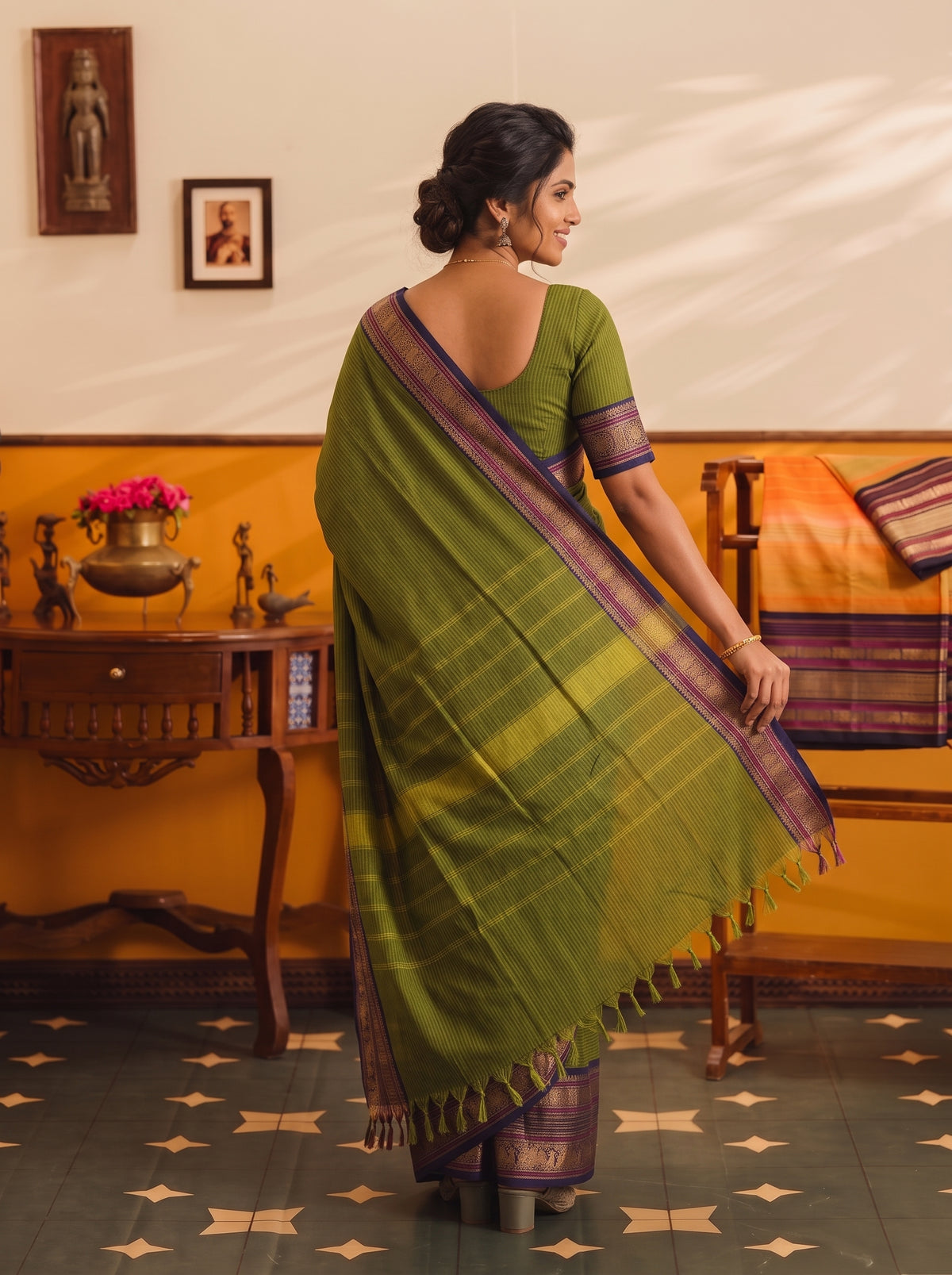 Cotton Silk Olive Green Peacock Motif Border Pallu Saree with Navy Pinstripe Body
