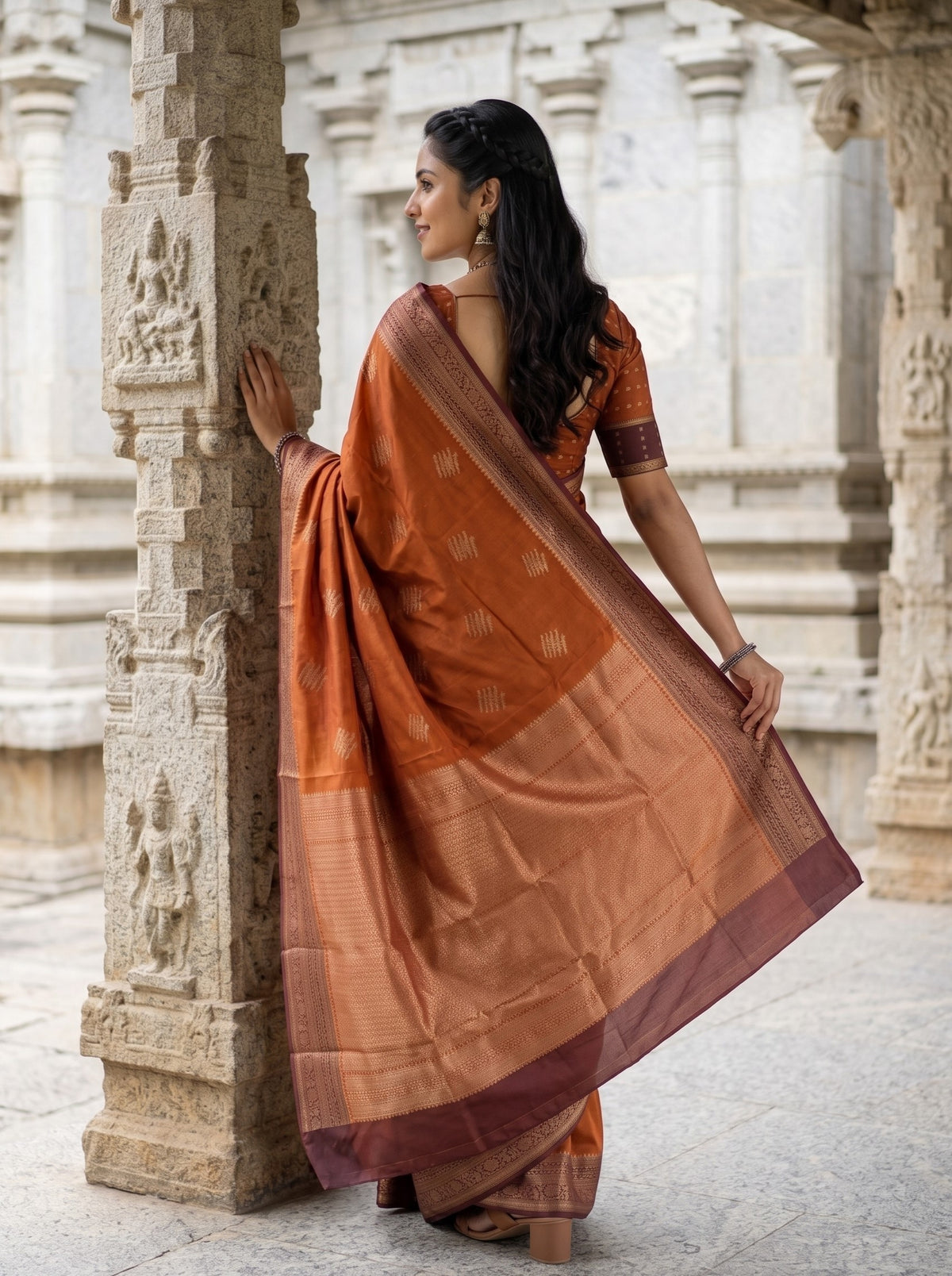 Semi Silk Rust Orange Saree with Rich Copper Zari Pallu and Temple Border