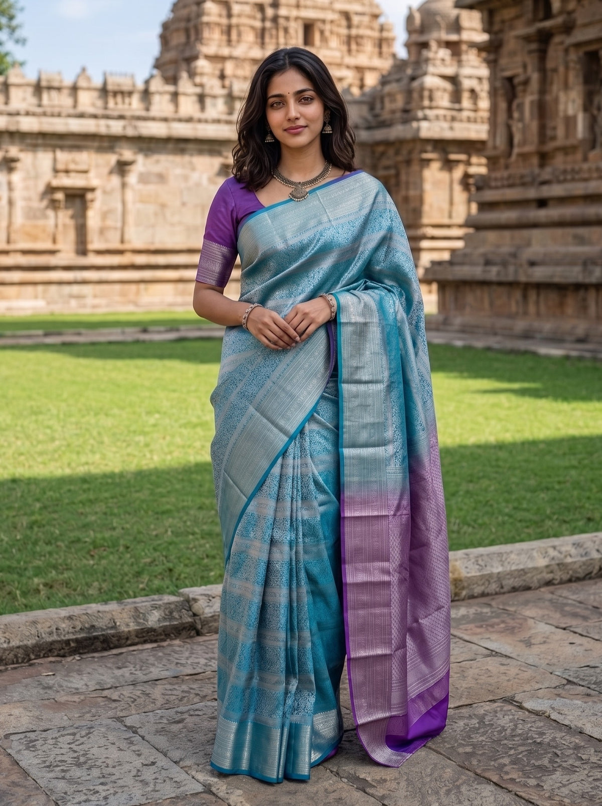 Semi Silk Peacock Blue Saree with Allover Zari Brocade Body and Purple Zari Weave Pallu