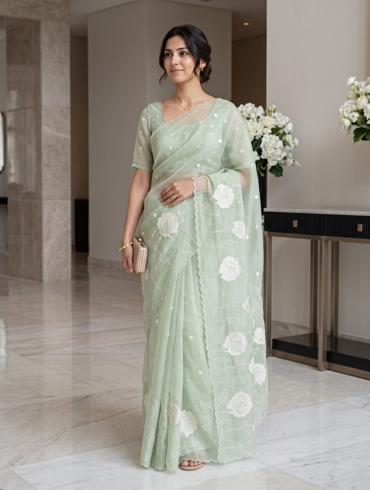 Organza Pastel Green Saree with Floral Border and Dot Booti