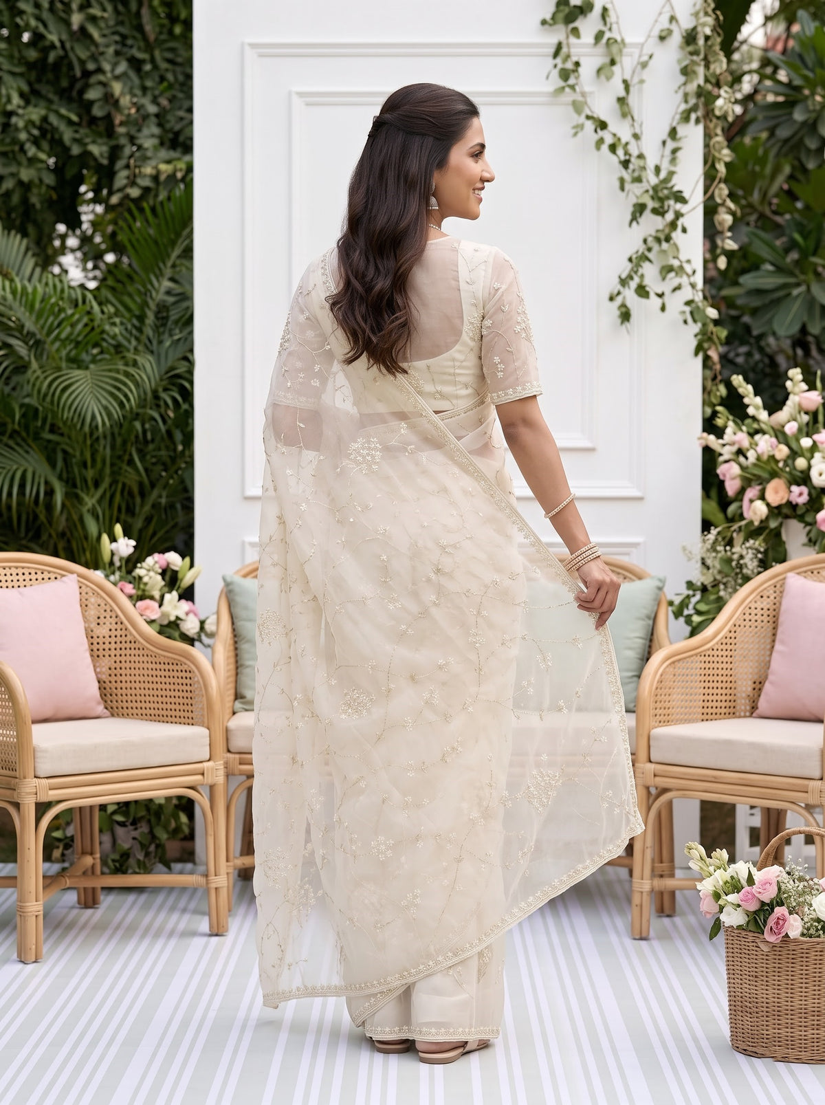 Organza Off White Beaded Floral Vine Saree with Embellished Border