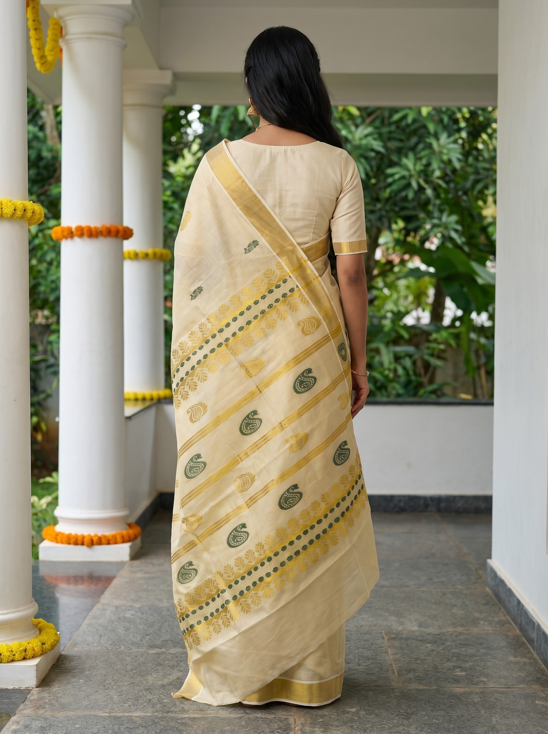 Tissue Golden Cream Paisley Border with Green Zari Stripe Pallu Onam Special Kerala Saree