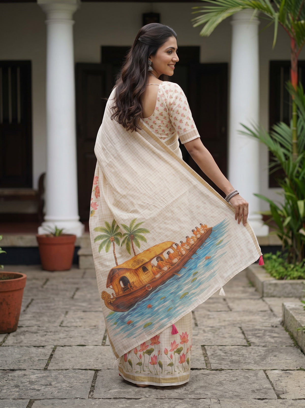 A woman wearing a cream-colored saree with a hand-painted boat and palm tree motif, standing in a courtyard with white pillars and potted plants.