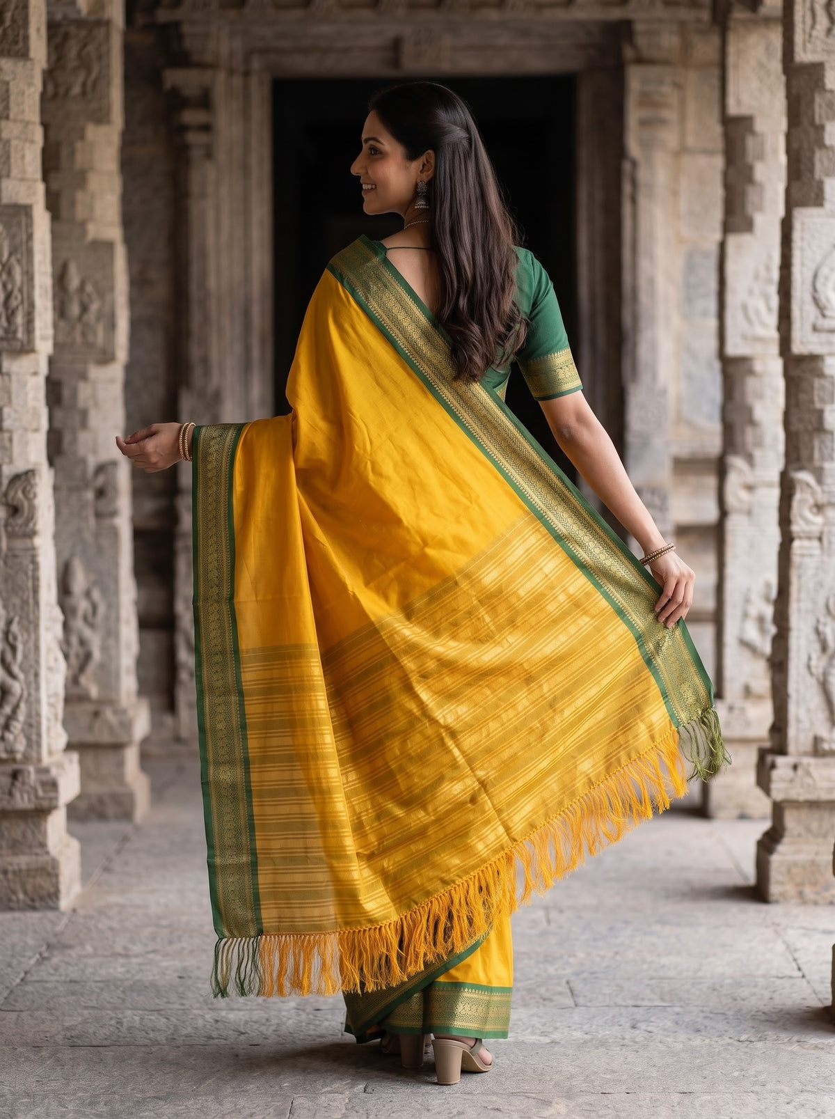 Semi Silk Mustard Yellow Golden Pinstripe Saree with Green Zari Border